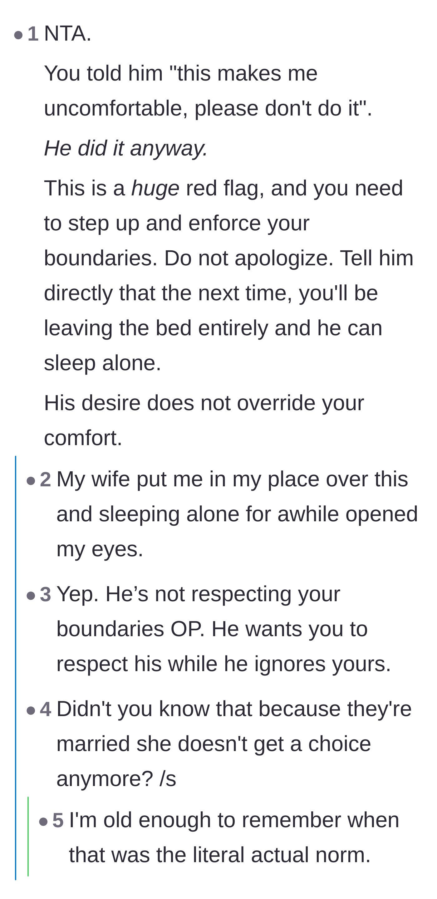 Comment thread 2 - Readers pointing out that ignoring a clear boundary about physical touch in bed is a massive red flag.