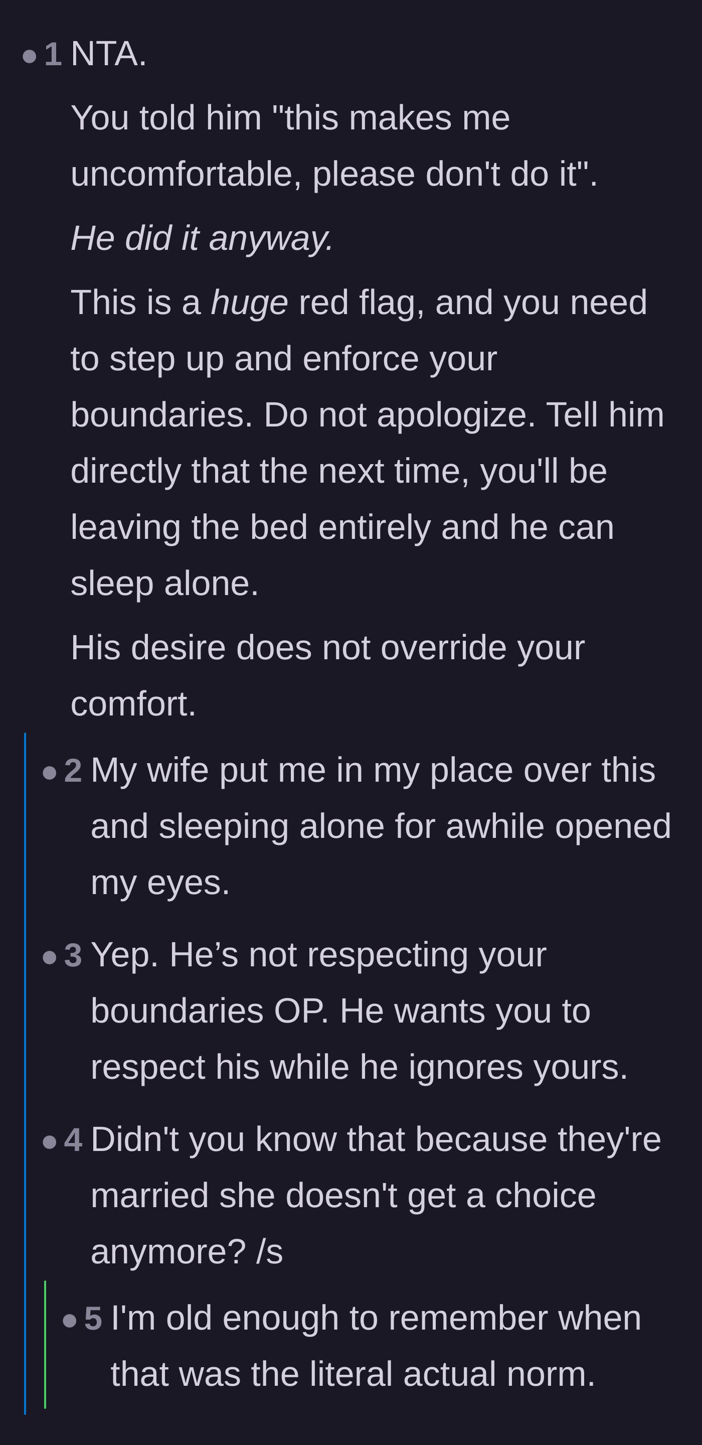 Comment thread 2 - Readers pointing out that ignoring a clear boundary about physical touch in bed is a massive red flag.