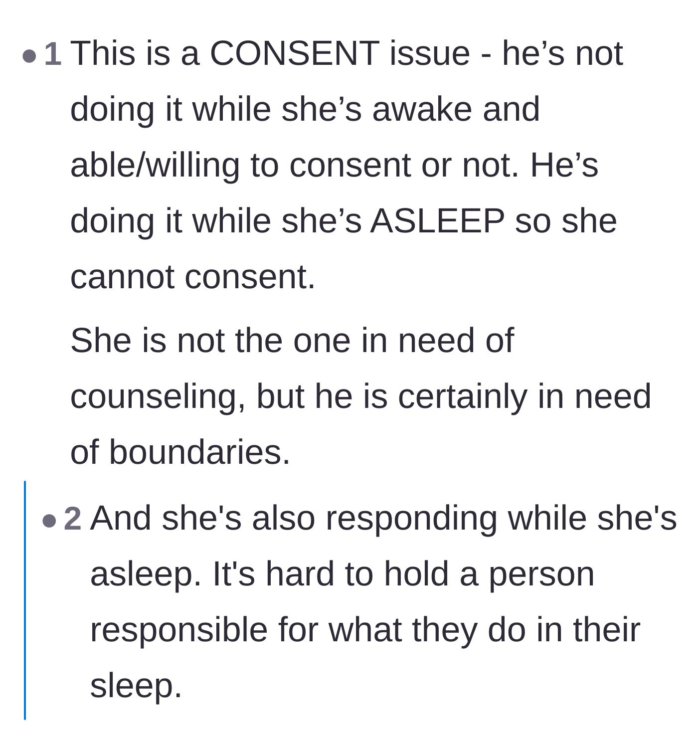 Comment thread 3 - A stark reminder that trying to initiate physical intimacy with a sleeping person is fundamentally a consent issue.