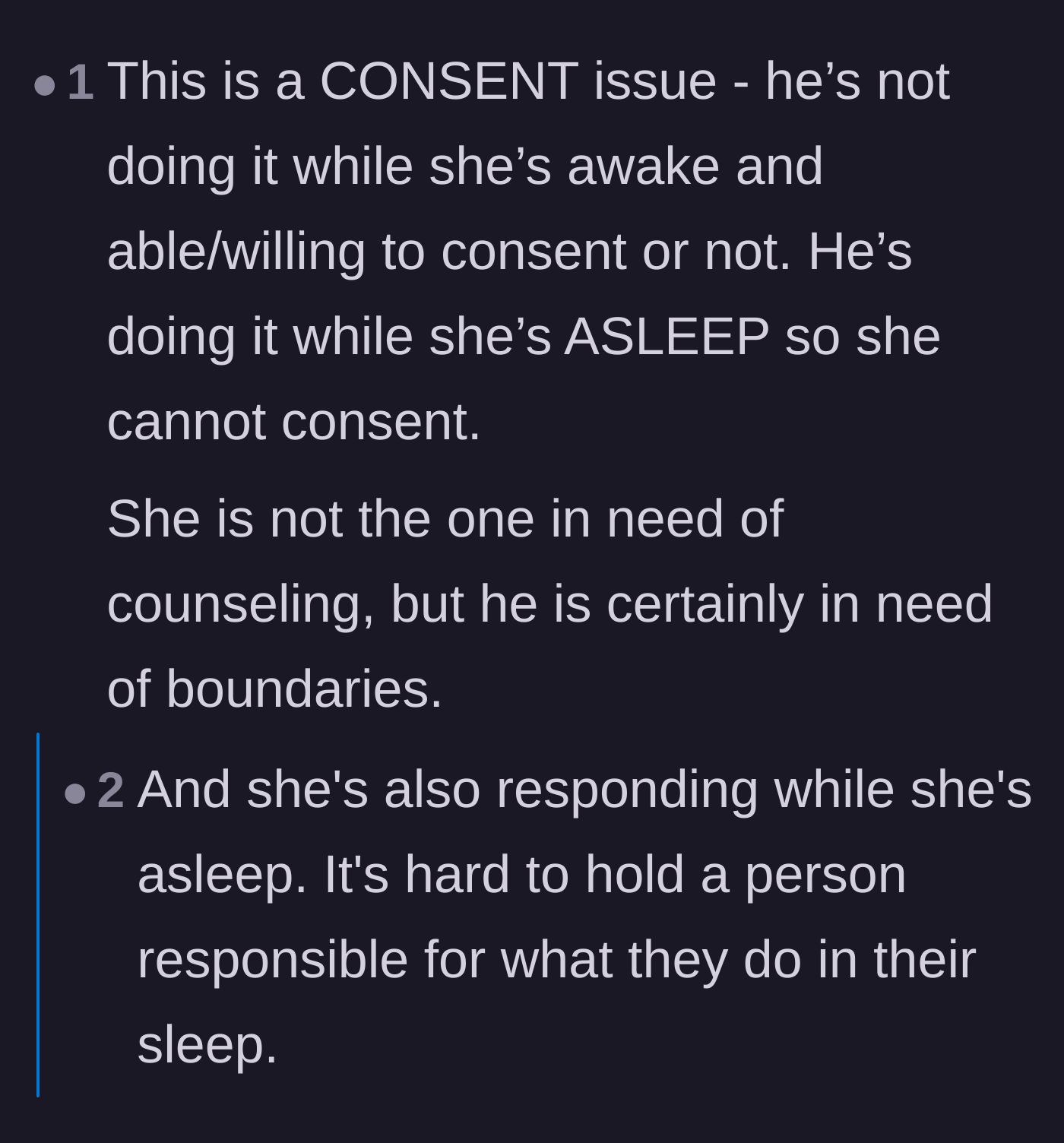 Comment thread 3 - A stark reminder that trying to initiate physical intimacy with a sleeping person is fundamentally a consent issue.