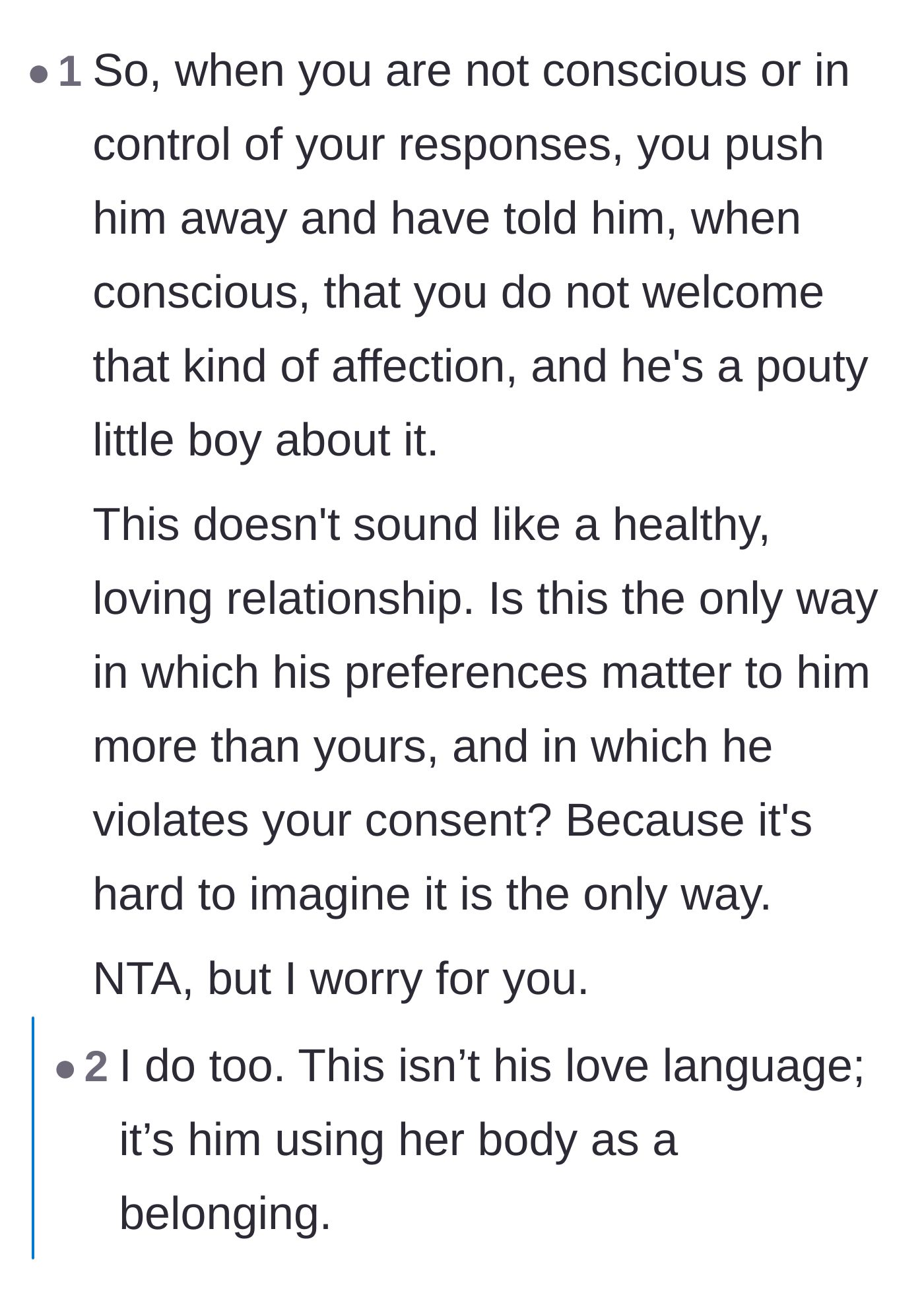Comment thread 4 - Concern from readers about the husband's petty reaction and whether his selfishness extends to other parts of their marriage.
