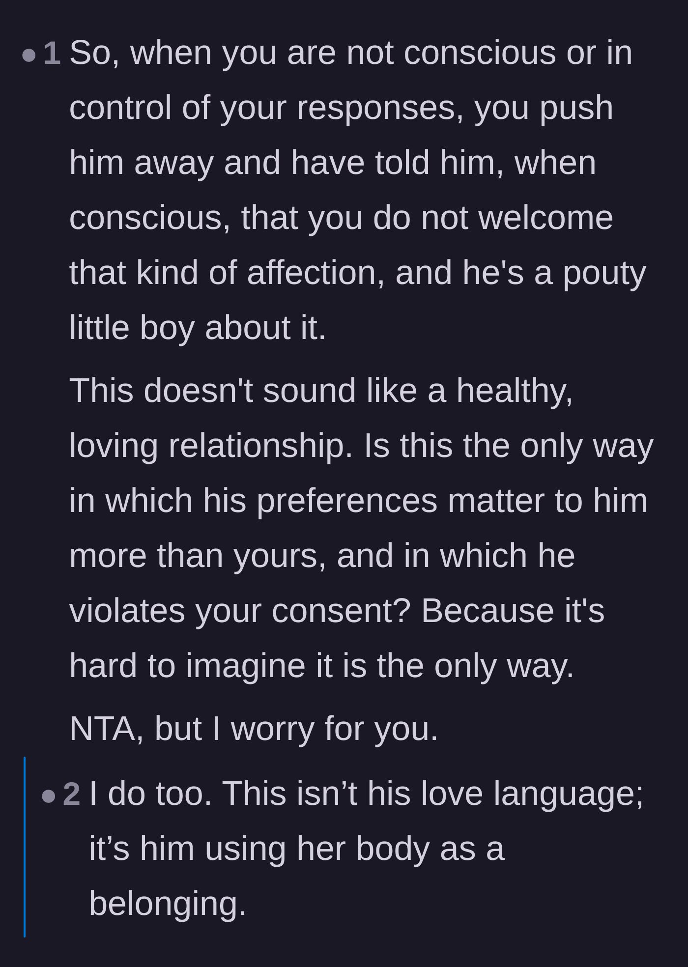 Comment thread 4 - Concern from readers about the husband's petty reaction and whether his selfishness extends to other parts of their marriage.