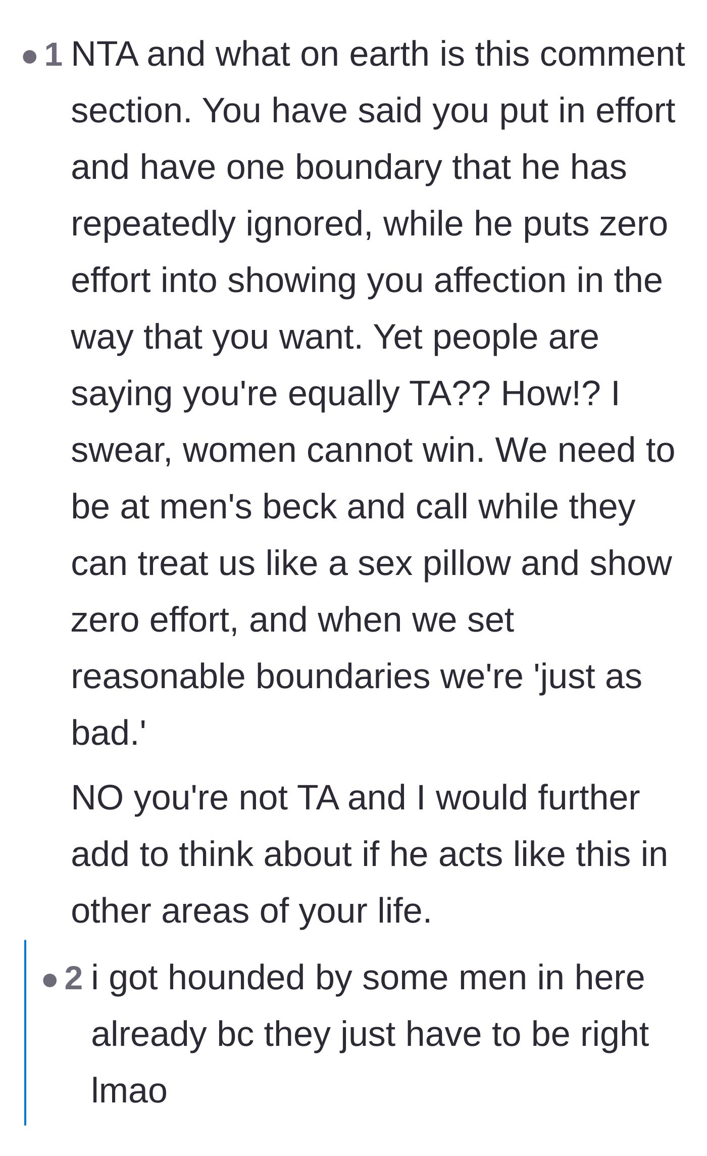 Comment thread 5 - A passionate defense of the original poster against misogynistic comments, highlighting the double standards women face in relationships.