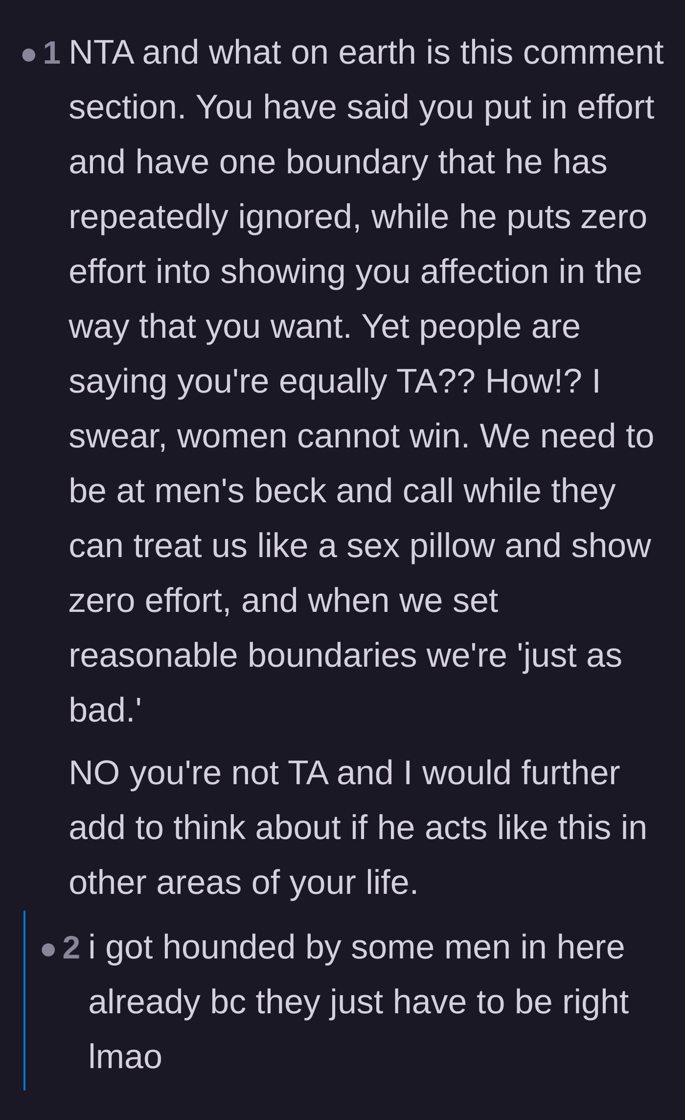Comment thread 5 - A passionate defense of the original poster against misogynistic comments, highlighting the double standards women face in relationships.