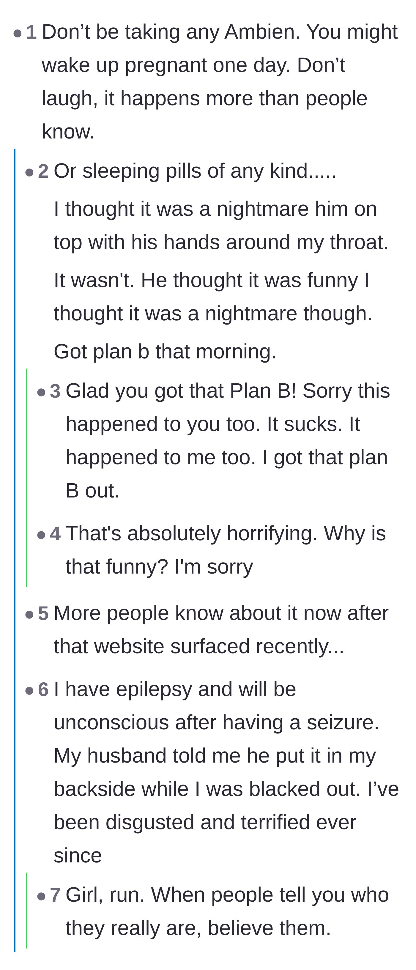 Comment thread 6 - Harrowing personal stories from readers who experienced severe marital betrayal and assault while unconscious or on sleeping medication.
