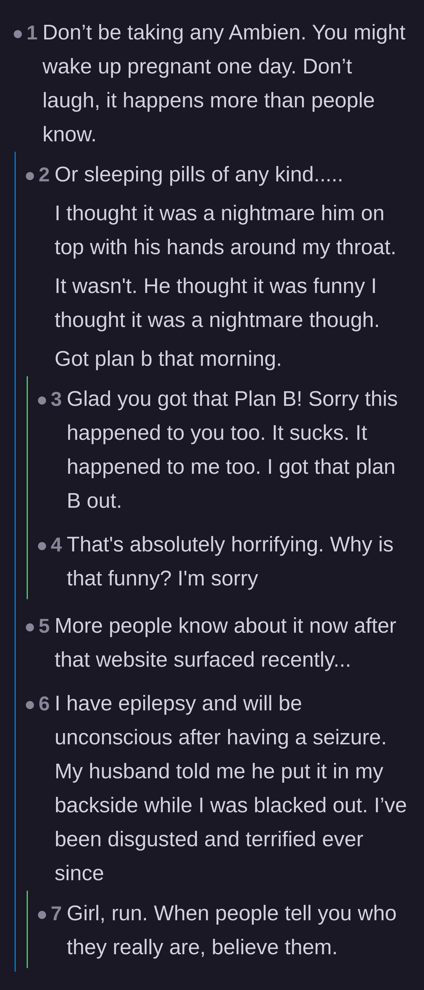 Comment thread 6 - Harrowing personal stories from readers who experienced severe marital betrayal and assault while unconscious or on sleeping medication.