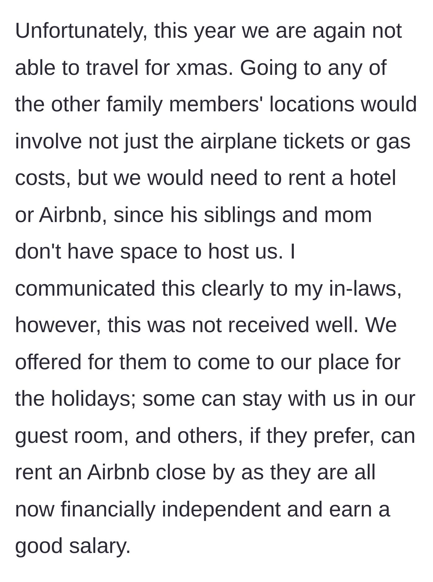 Story part 5 - The mother informs her in-laws they cannot afford to travel this year and offers to host them for free instead.