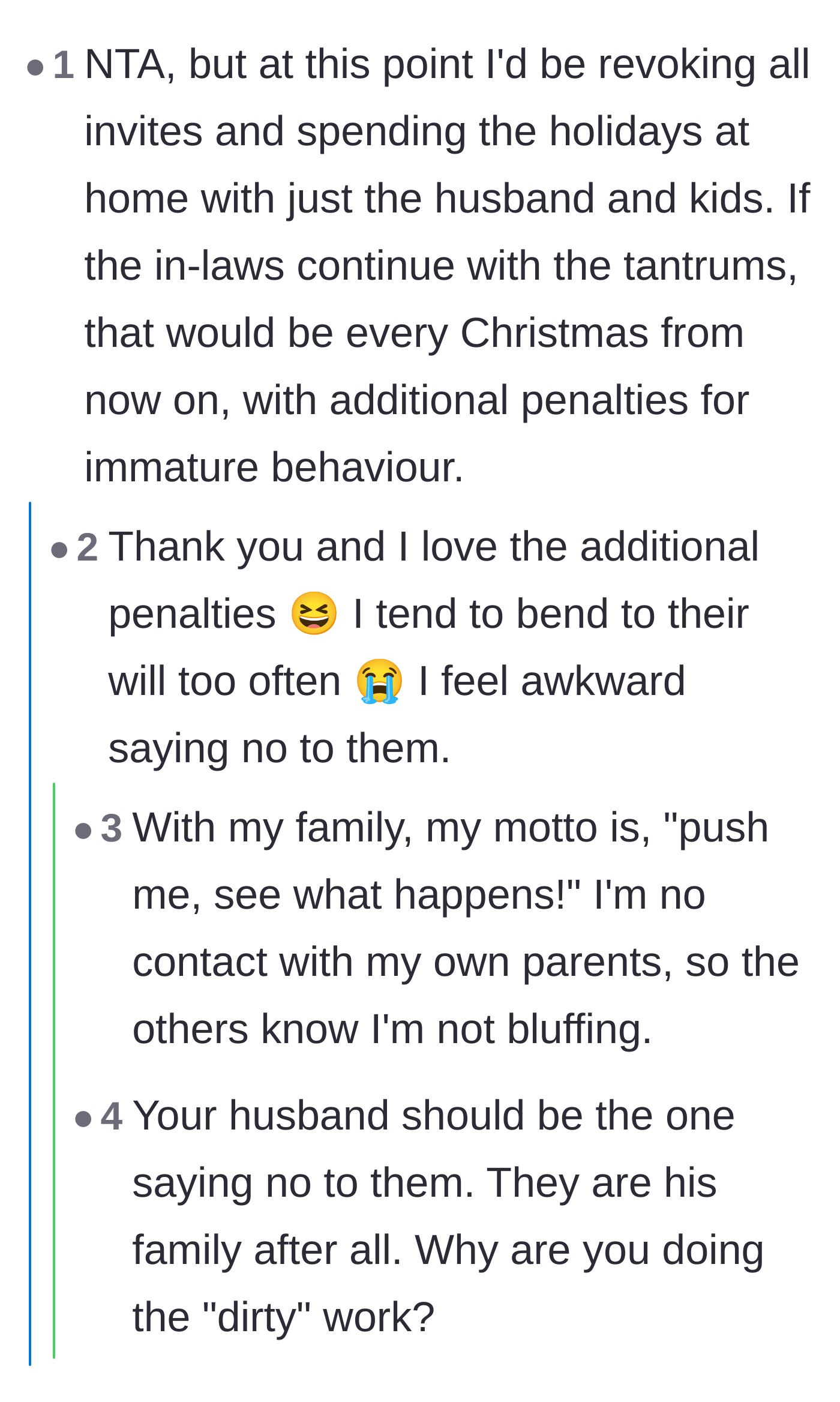 Comment thread 3 - Suggestions to revoke all invitations and implement penalties for the in-laws' immature behavior