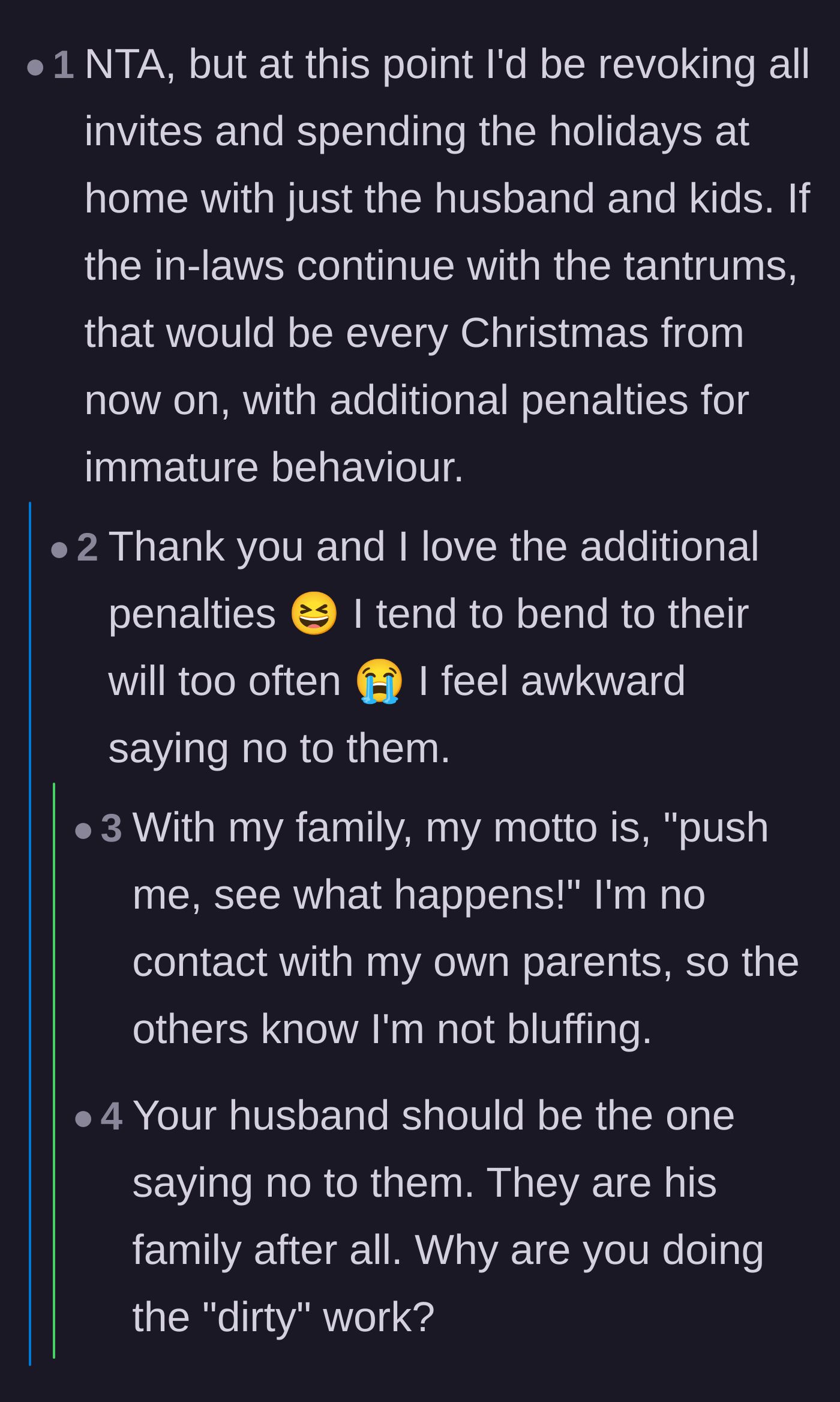 Comment thread 3 - Suggestions to revoke all invitations and implement penalties for the in-laws' immature behavior