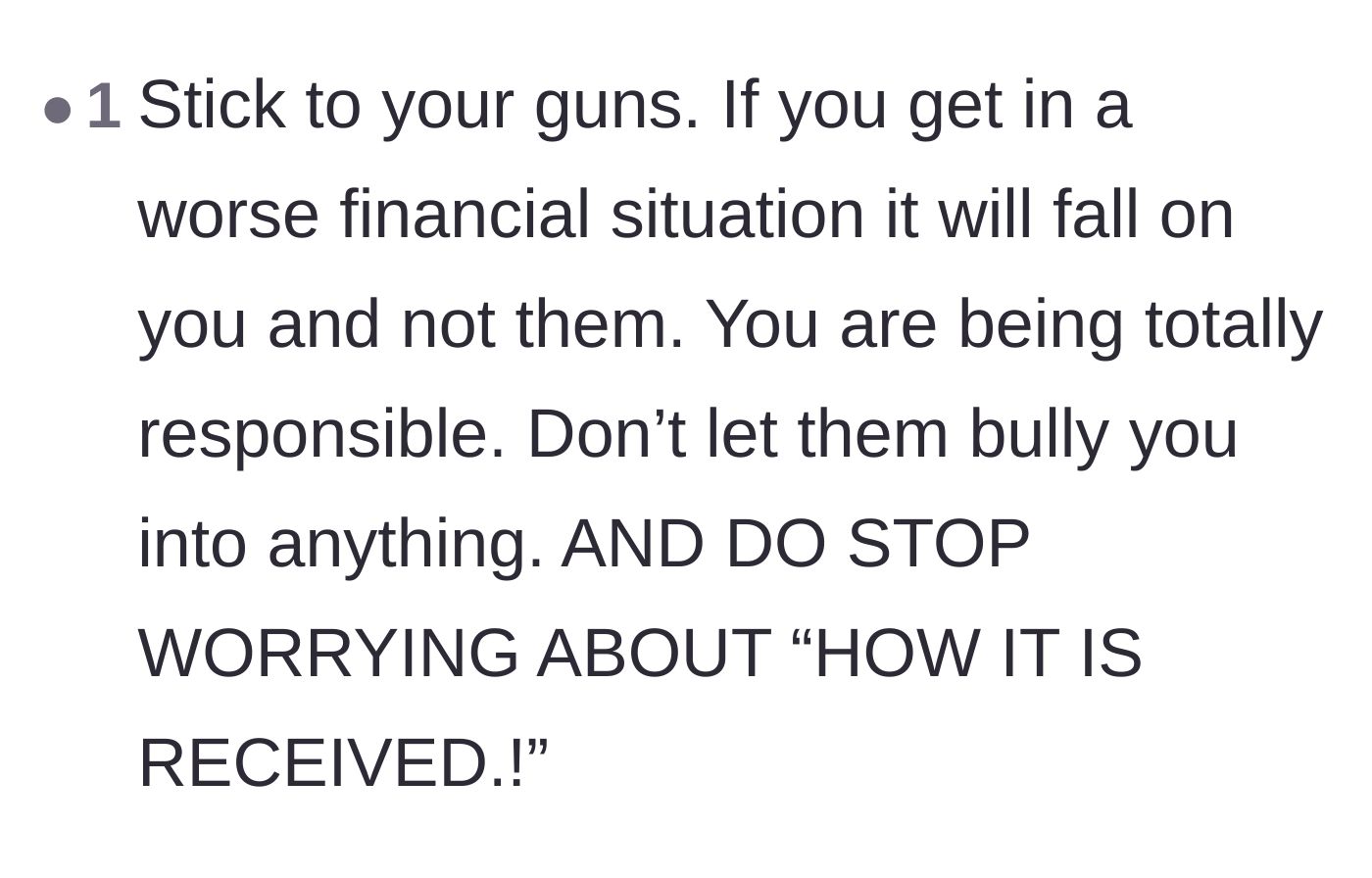 Comment thread 4 - Encouragement to stop worrying about the in-laws' feelings and focus on the family's financial survival