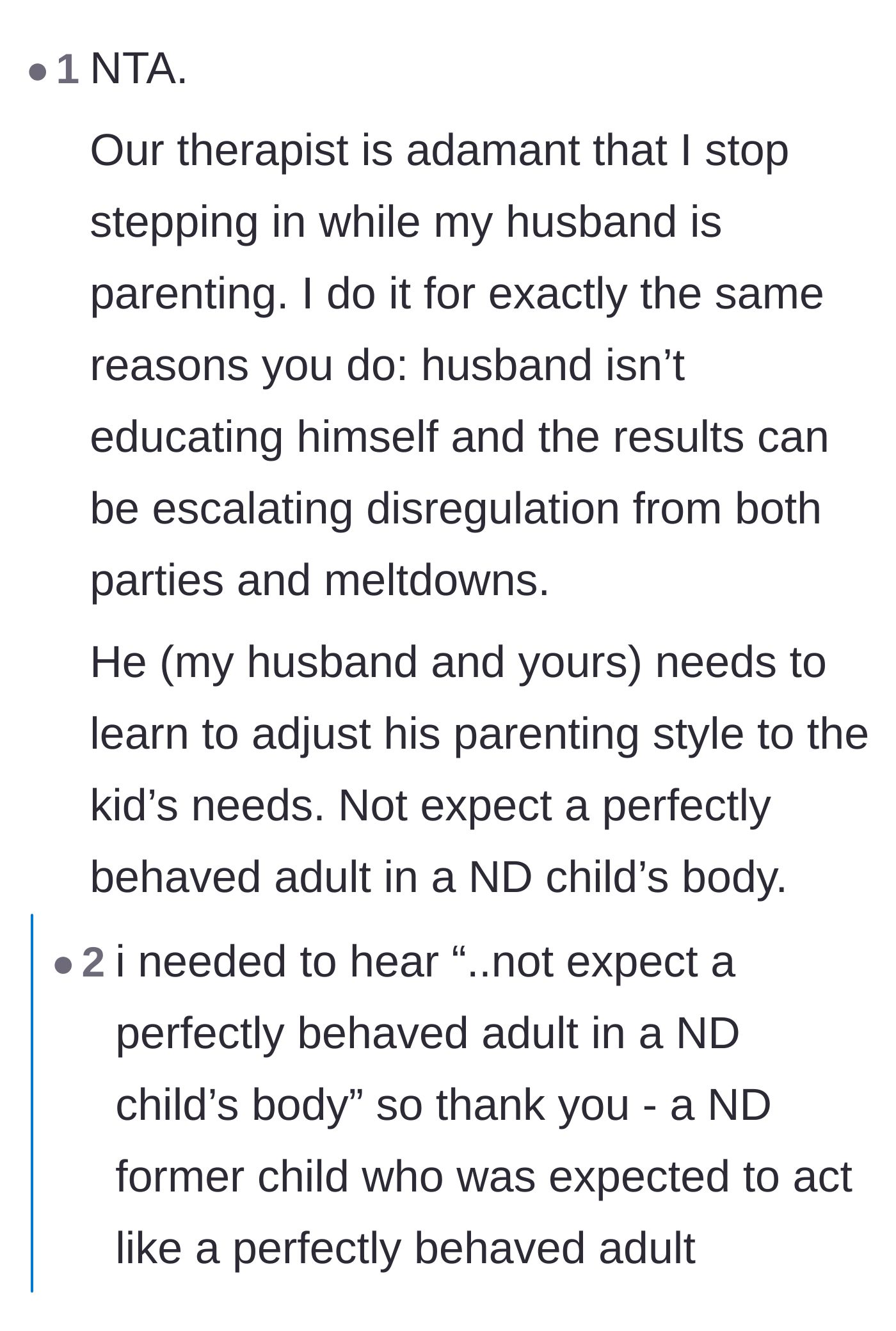 Comment thread discussing a therapist's advice to stop rescuing the husband and the trauma of parentifying neurodivergent children.