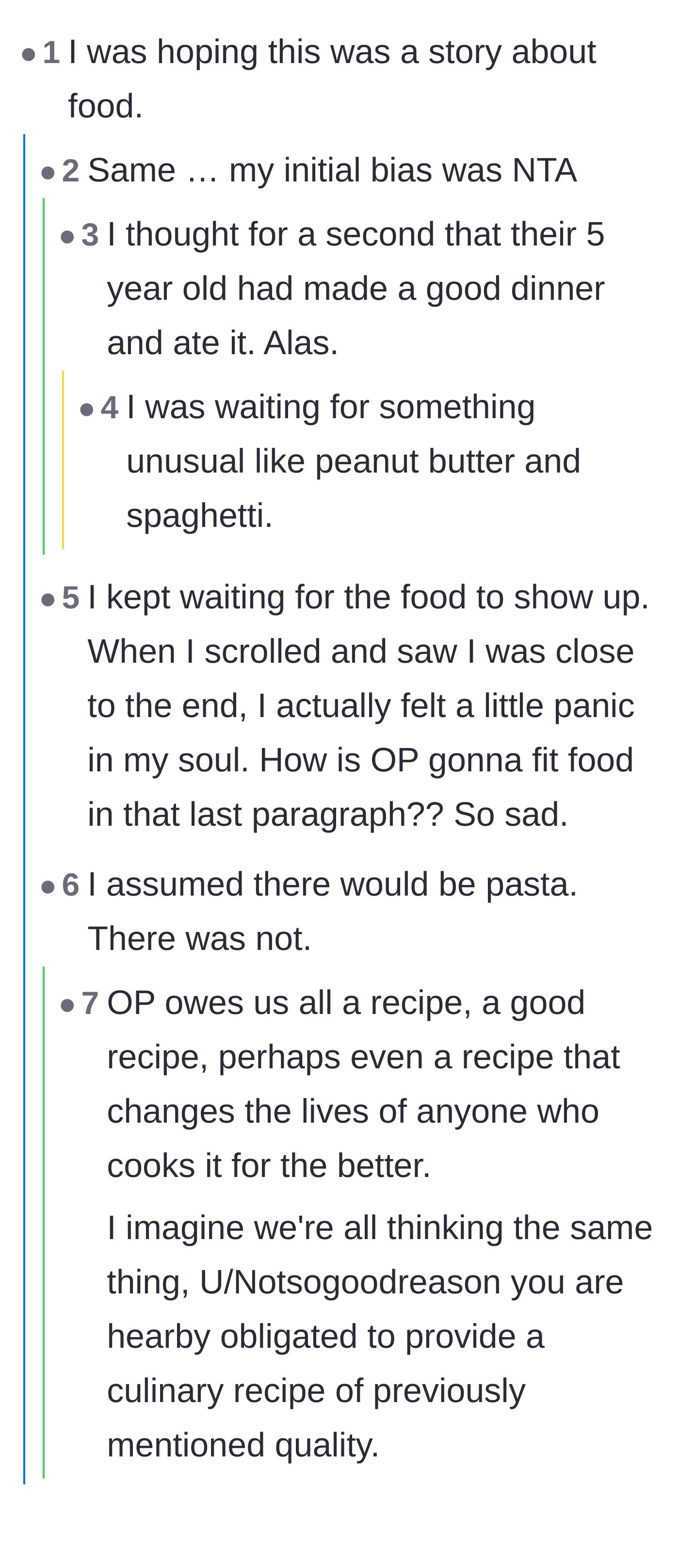Comment thread where readers joke about being disappointed that the story wasn't literally about a child cooking a meal.