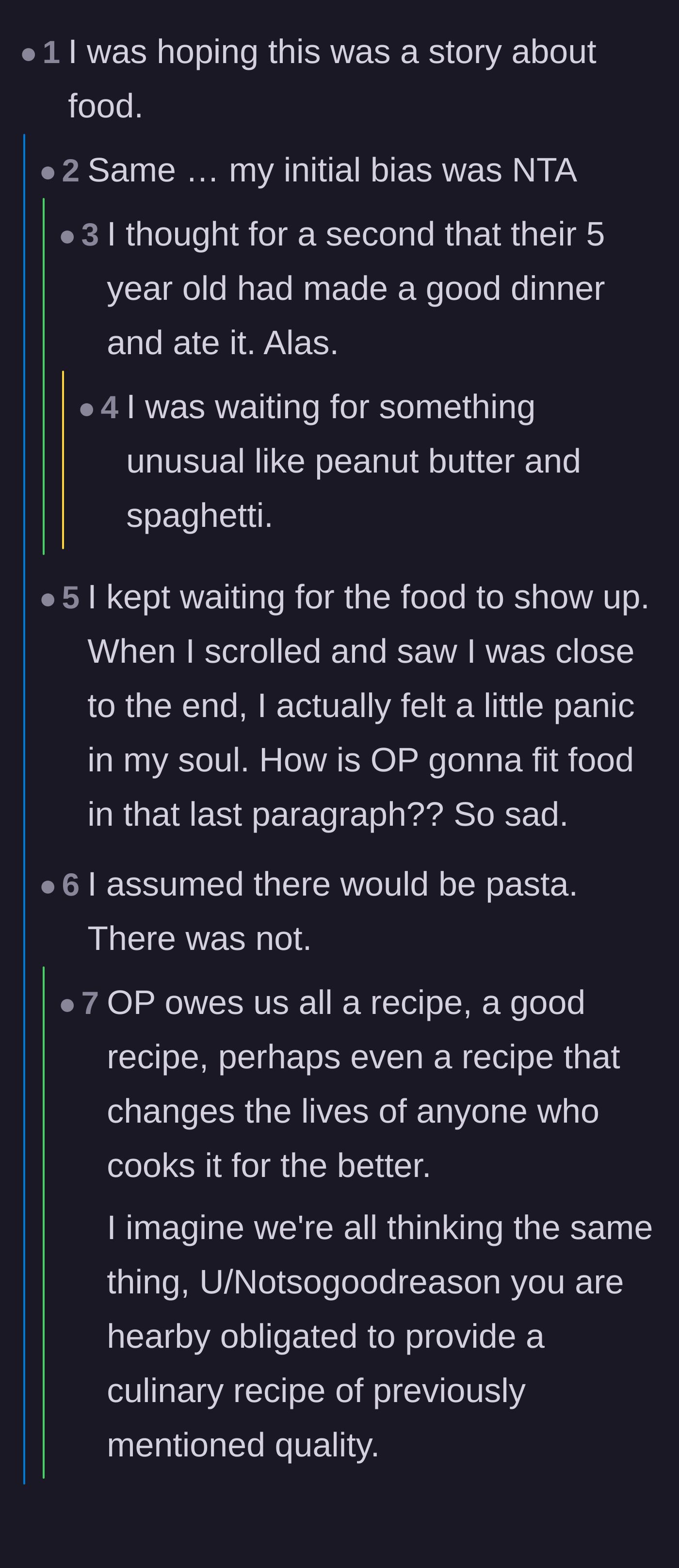 Comment thread where readers joke about being disappointed that the story wasn't literally about a child cooking a meal.