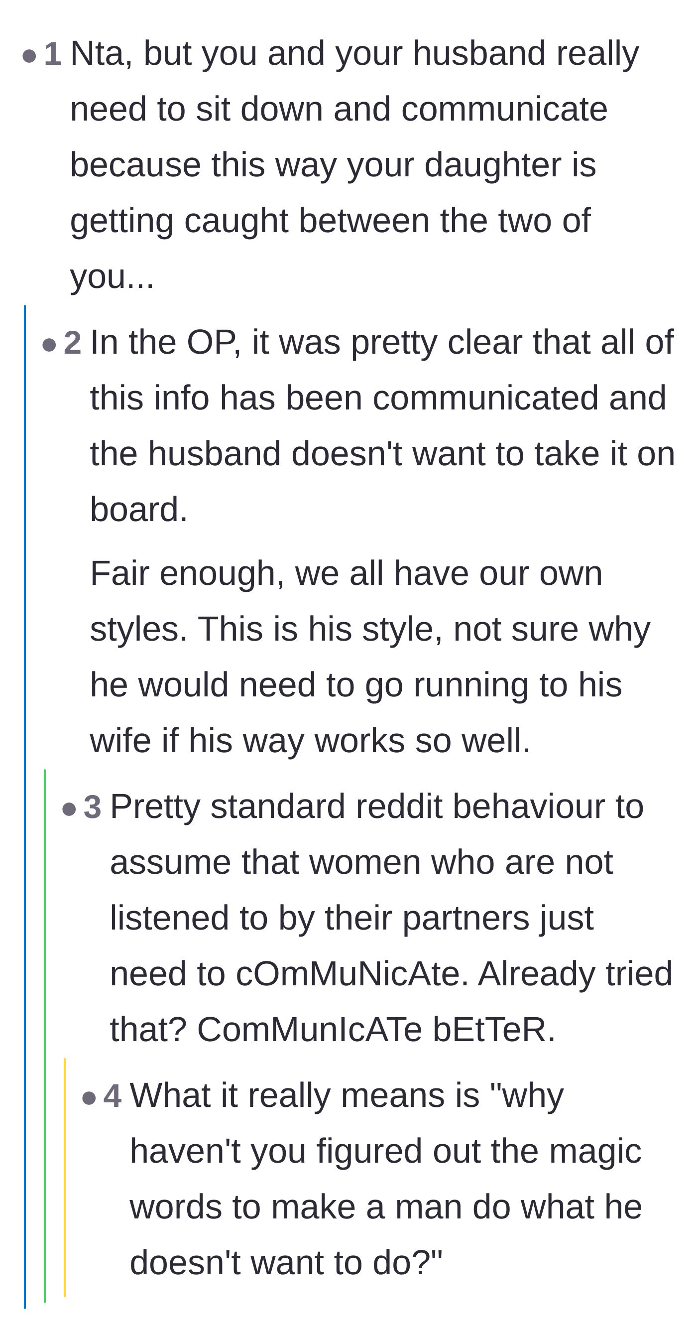 Comment thread calling out the cliché advice to communicate better when a partner is willfully ignoring what has already been said.