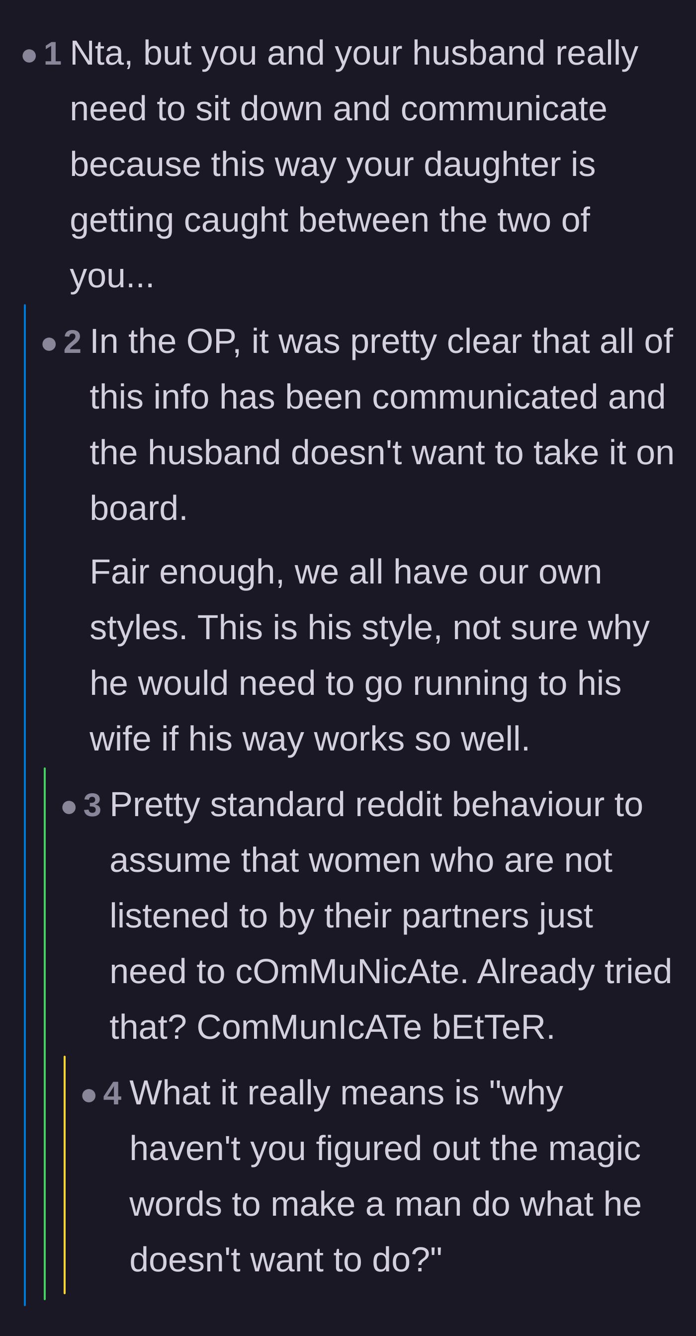 Comment thread calling out the cliché advice to communicate better when a partner is willfully ignoring what has already been said.