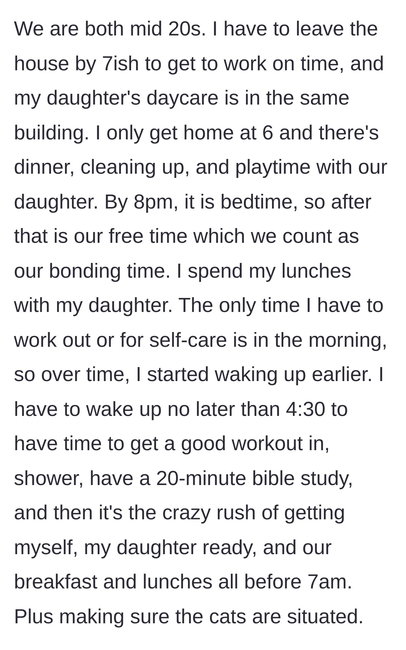 Story part 1 - An overwhelmed young mother details her exhausting daily schedule and 4:30 AM wake-up time just to find a moment of peace.