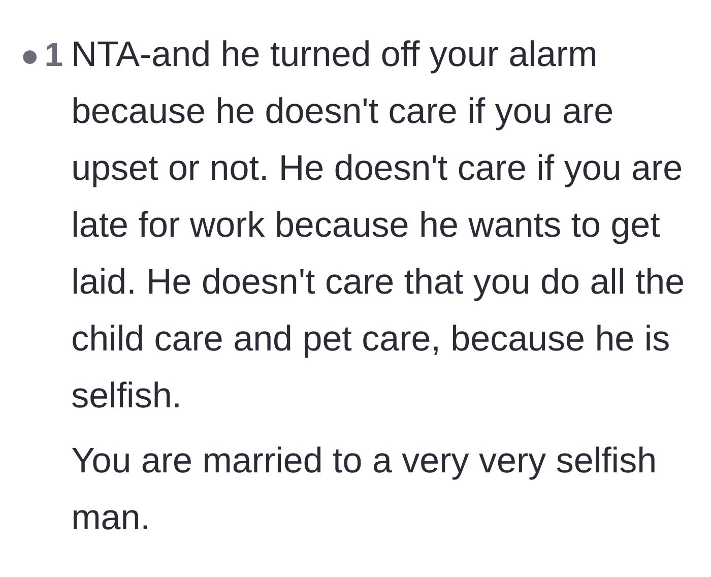 Comment thread 5 - A blunt assessment that the alarm sabotage proves the husband simply does not care about his wife's well-being.
