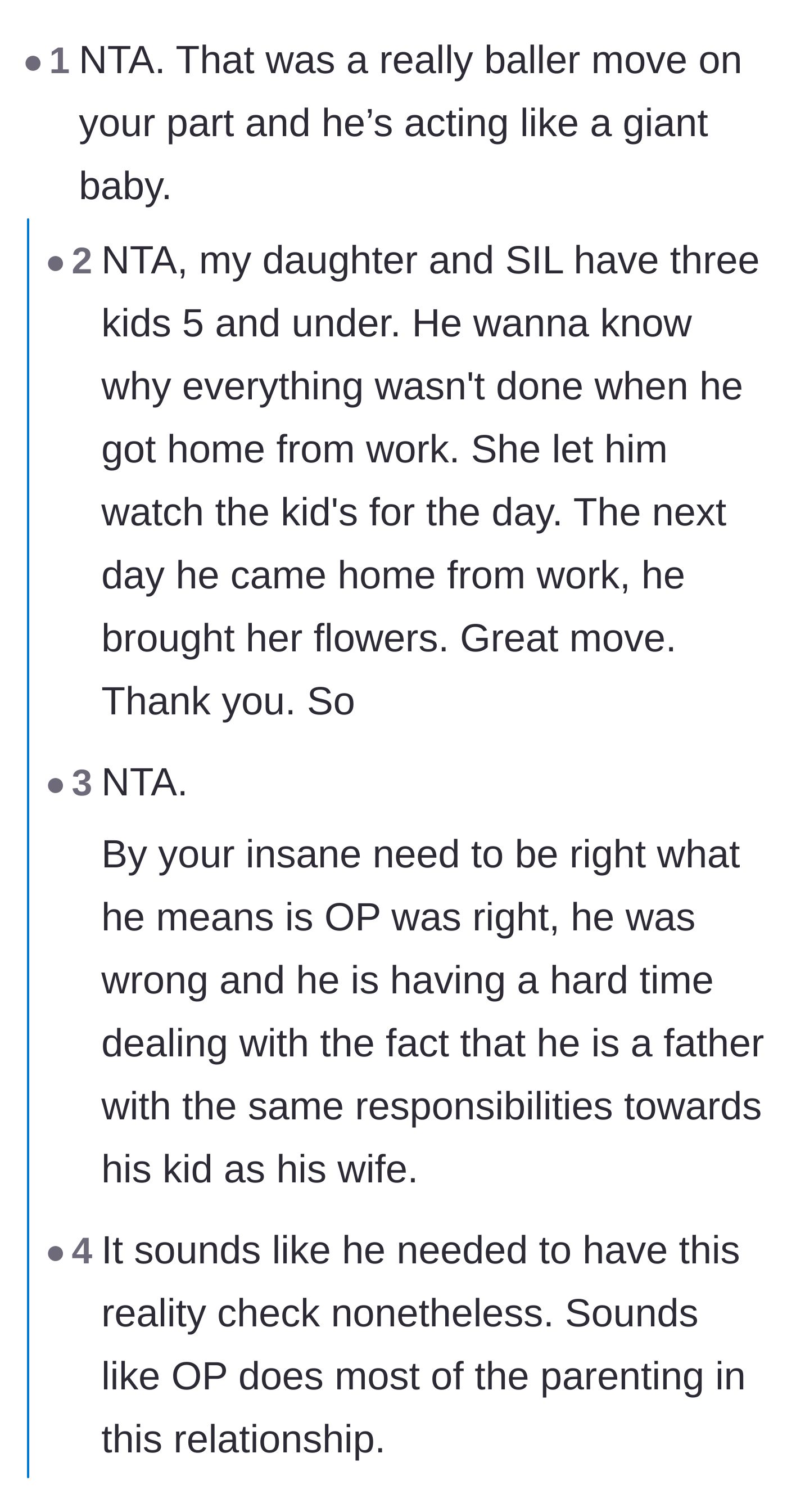 Comment thread 1 - Readers praising the mother for setting a firm boundary and forcing the husband to face his equal parenting duties.