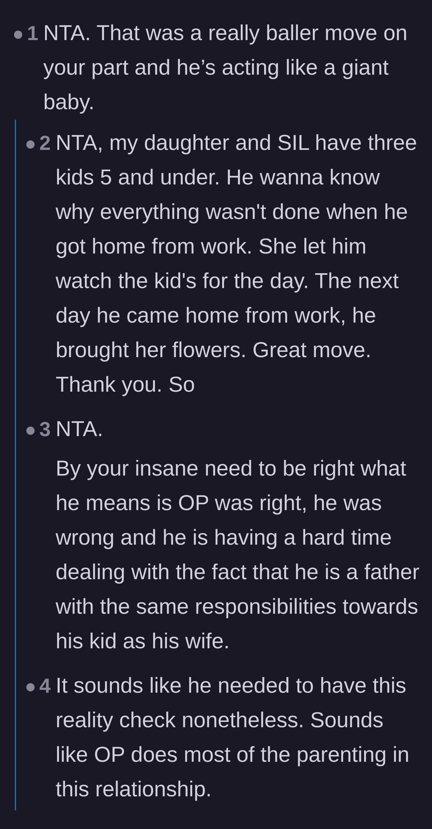 Comment thread 1 - Readers praising the mother for setting a firm boundary and forcing the husband to face his equal parenting duties.
