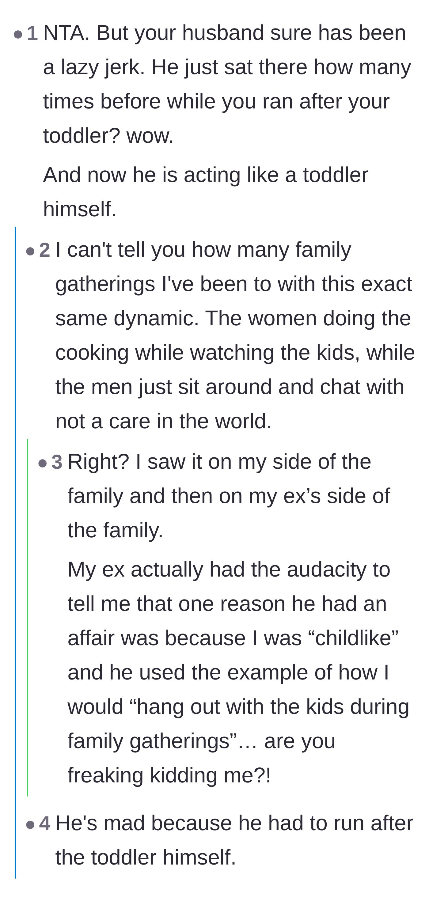 Comment thread 5 - Women sharing their own exhausting stories of family gatherings where mothers labor while fathers relax.