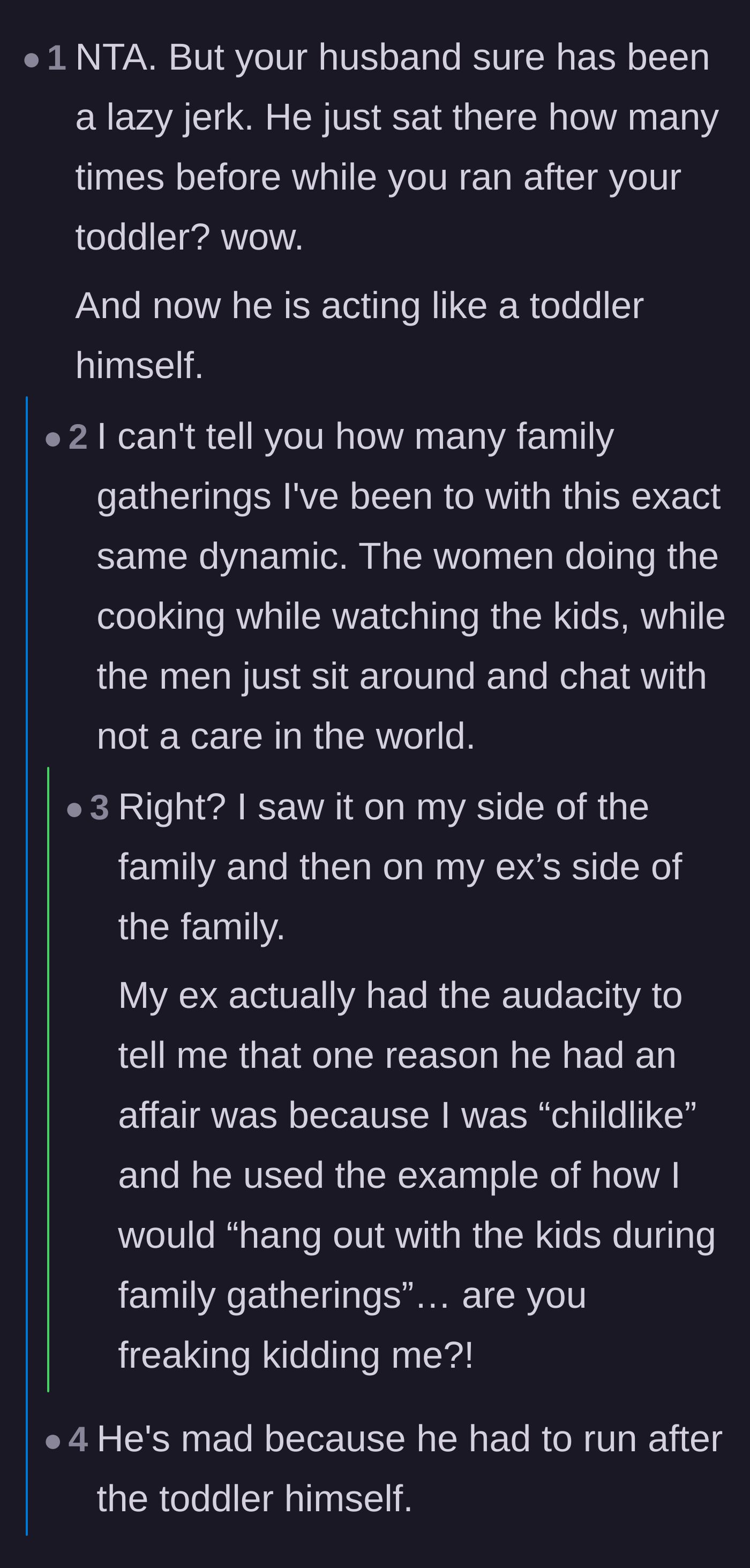 Comment thread 5 - Women sharing their own exhausting stories of family gatherings where mothers labor while fathers relax.