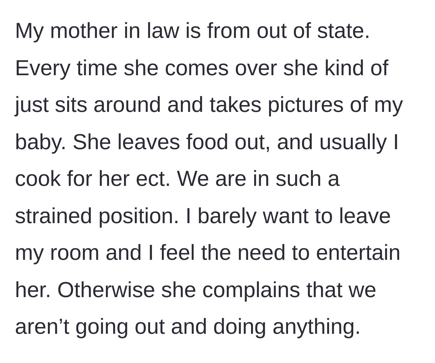 Story part 2 - An older woman sitting lazily on a couch taking photos of a baby while a tired young mother cooks in the background.