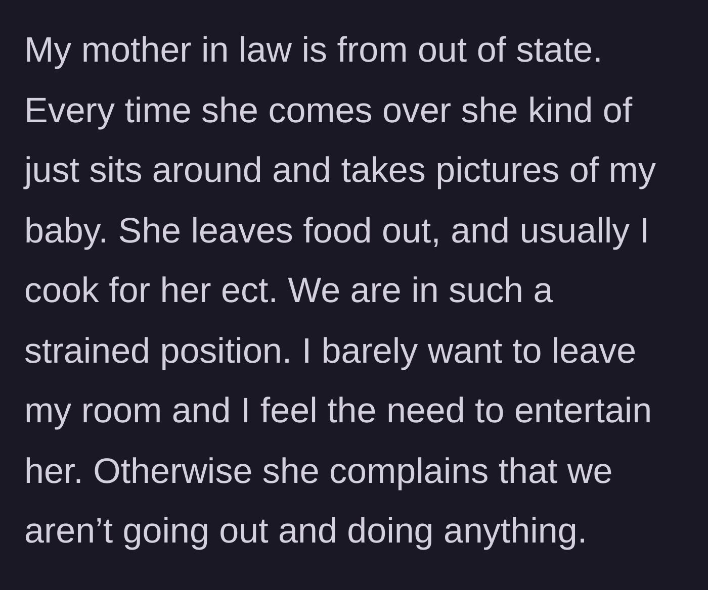Story part 2 - An older woman sitting lazily on a couch taking photos of a baby while a tired young mother cooks in the background.