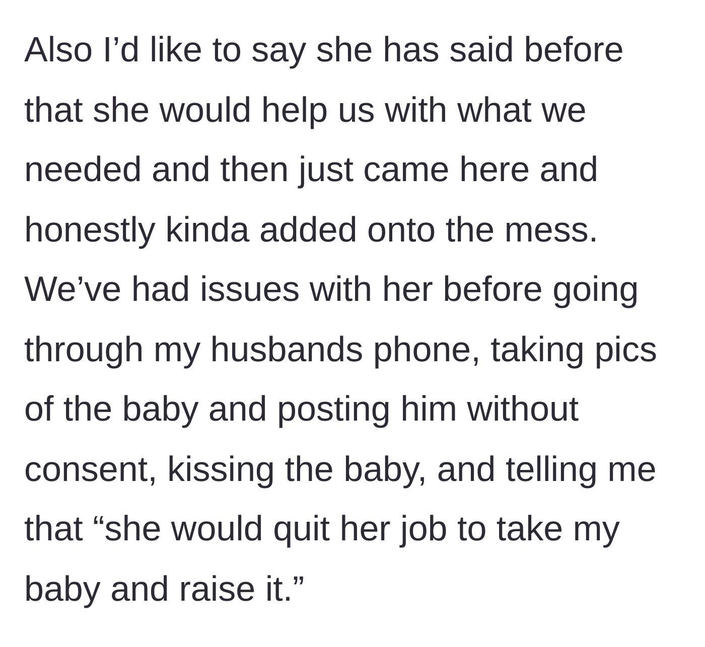 Story part 5 - A distressed mother listening to her mother-in-law make inappropriate comments about taking her baby.