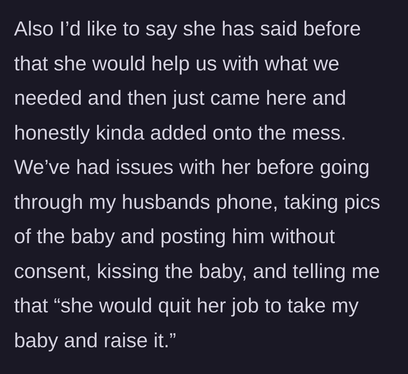 Story part 5 - A distressed mother listening to her mother-in-law make inappropriate comments about taking her baby.
