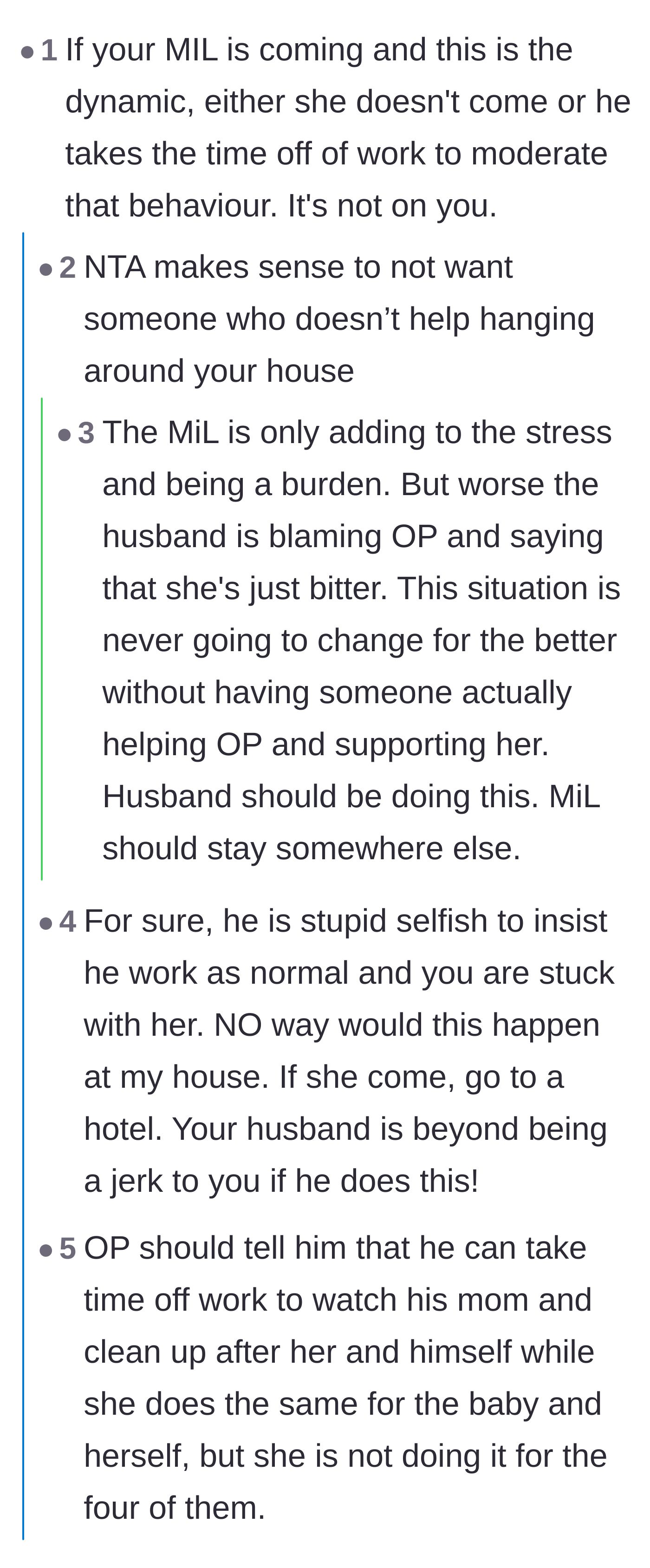 Comment thread 1 - Readers arguing that the husband needs to take time off work to babysit his own mother if she visits.