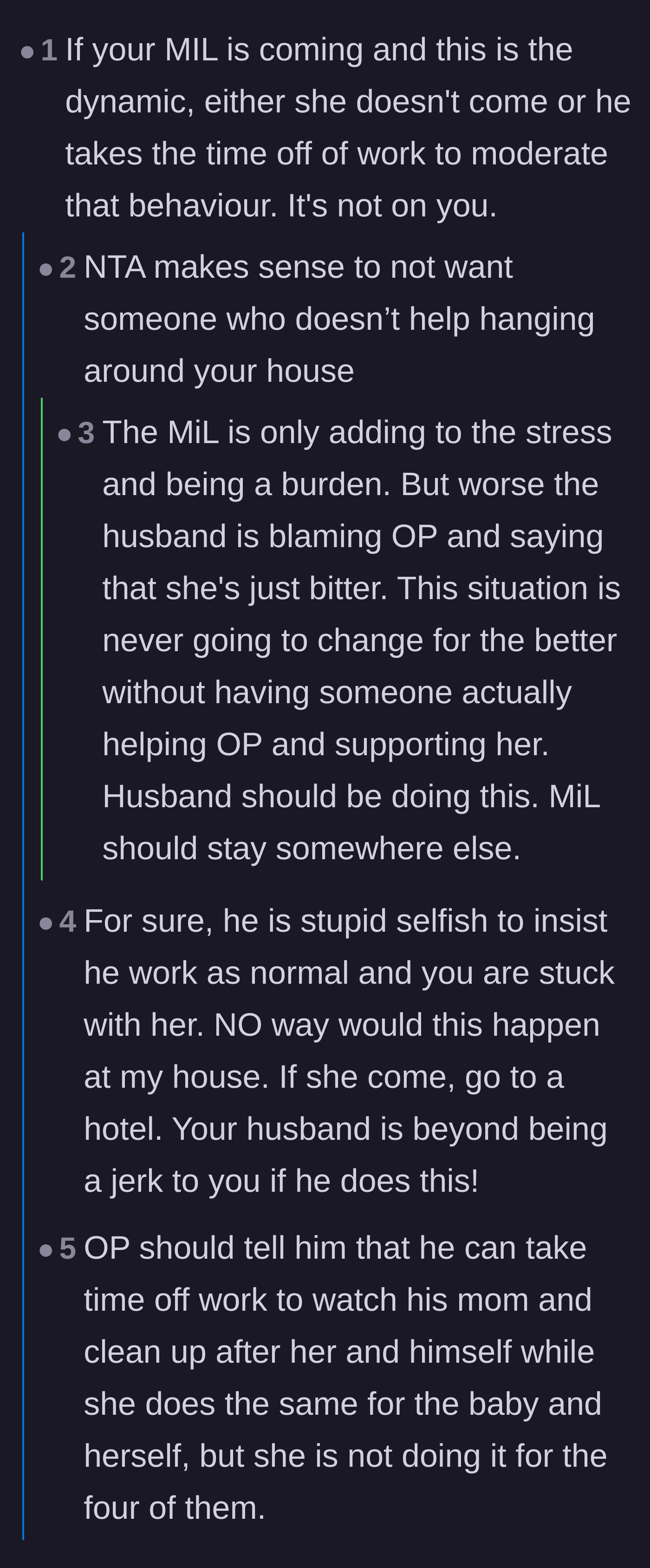 Comment thread 1 - Readers arguing that the husband needs to take time off work to babysit his own mother if she visits.