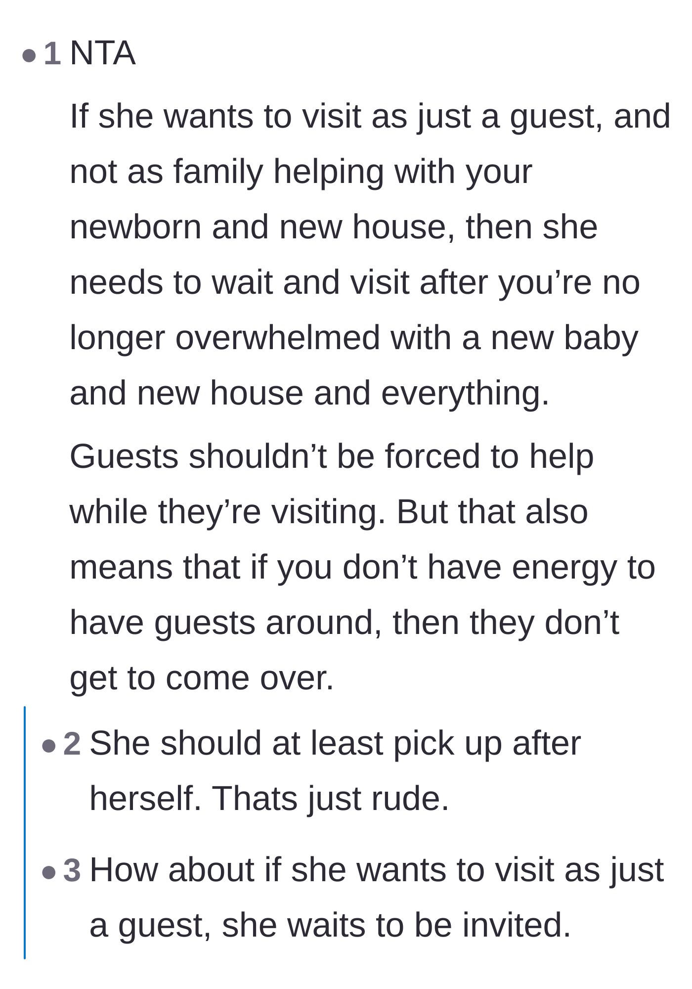 Comment thread 2 - A discussion about how visitors shouldn't expect to be hosted during the overwhelming newborn phase.