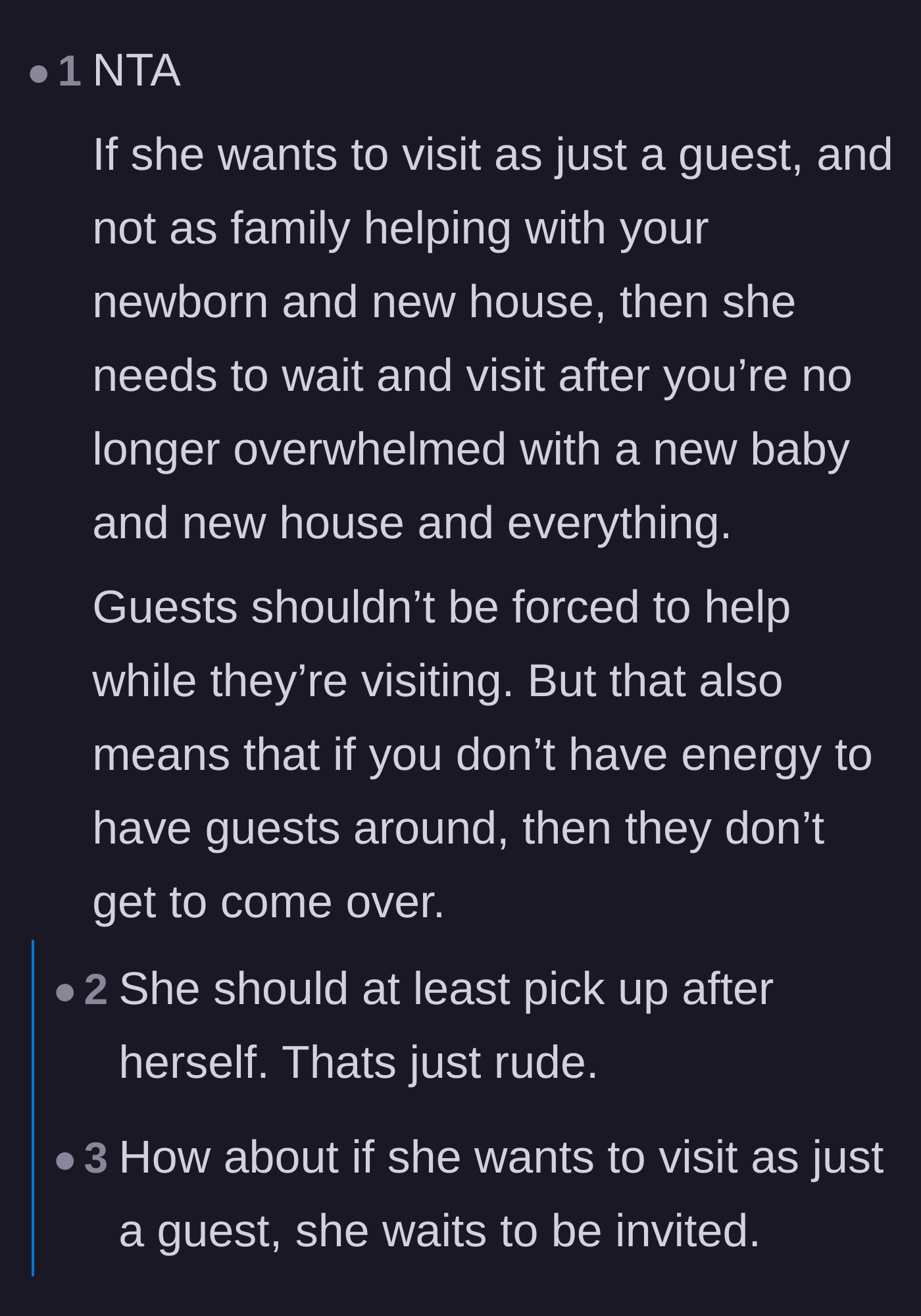 Comment thread 2 - A discussion about how visitors shouldn't expect to be hosted during the overwhelming newborn phase.