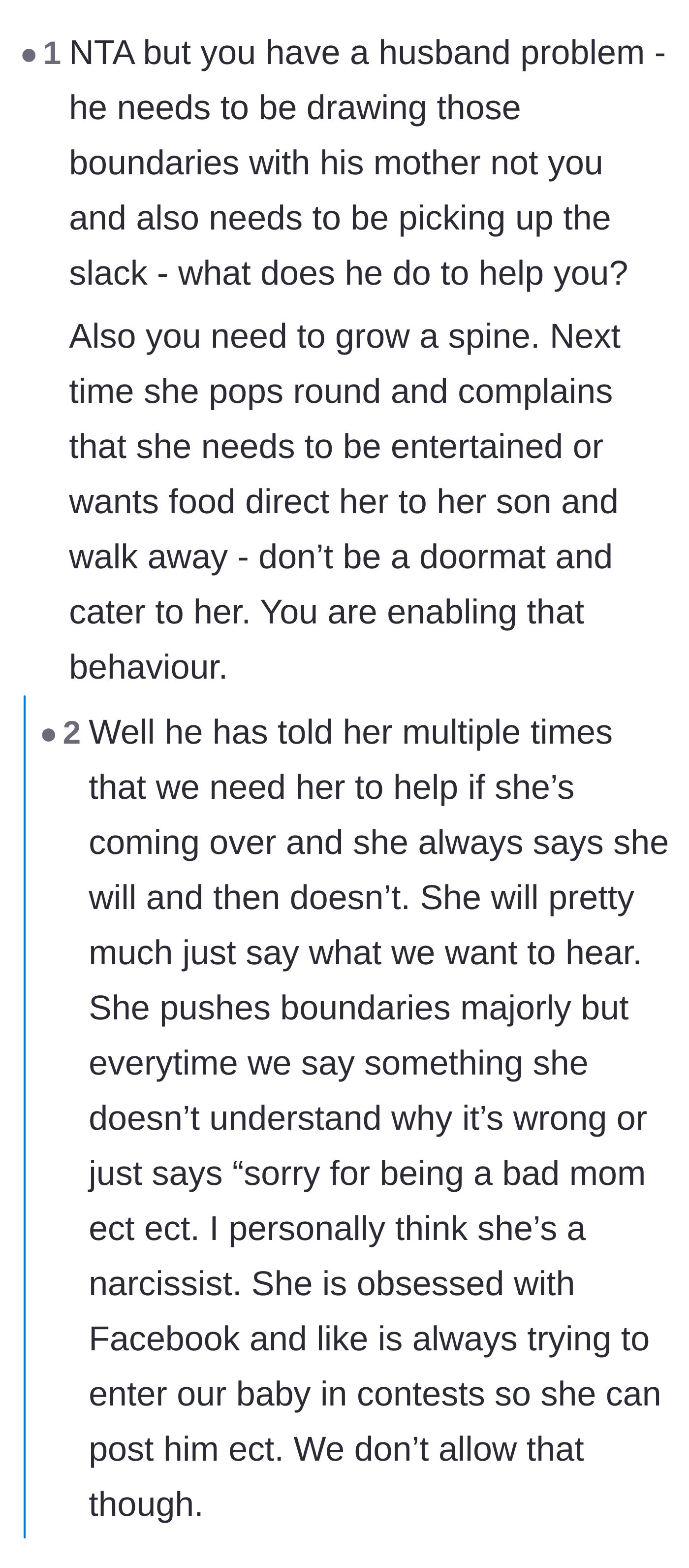 Comment thread 3 - The original poster explaining how her mother-in-law plays the victim, with replies advising her to treat the woman like a misbehaving toddler.