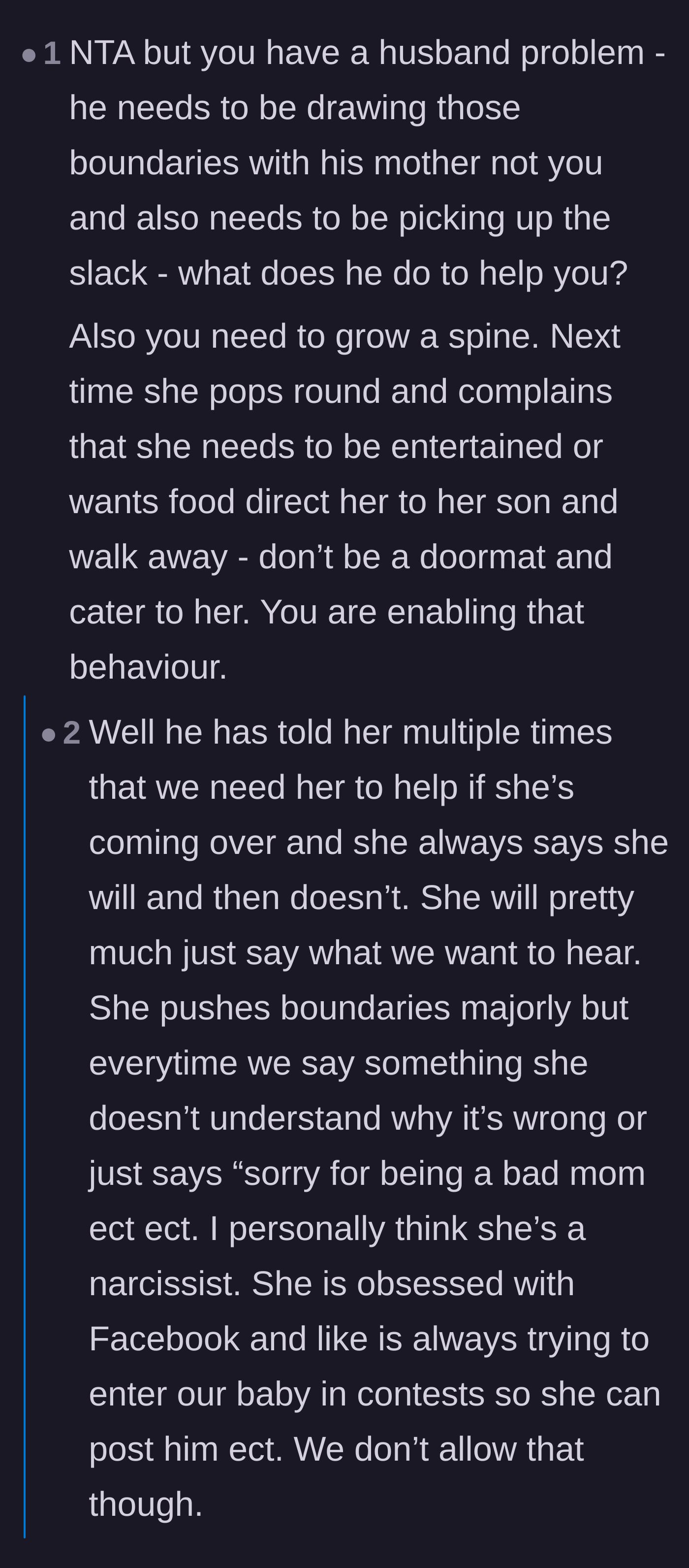Comment thread 3 - The original poster explaining how her mother-in-law plays the victim, with replies advising her to treat the woman like a misbehaving toddler.