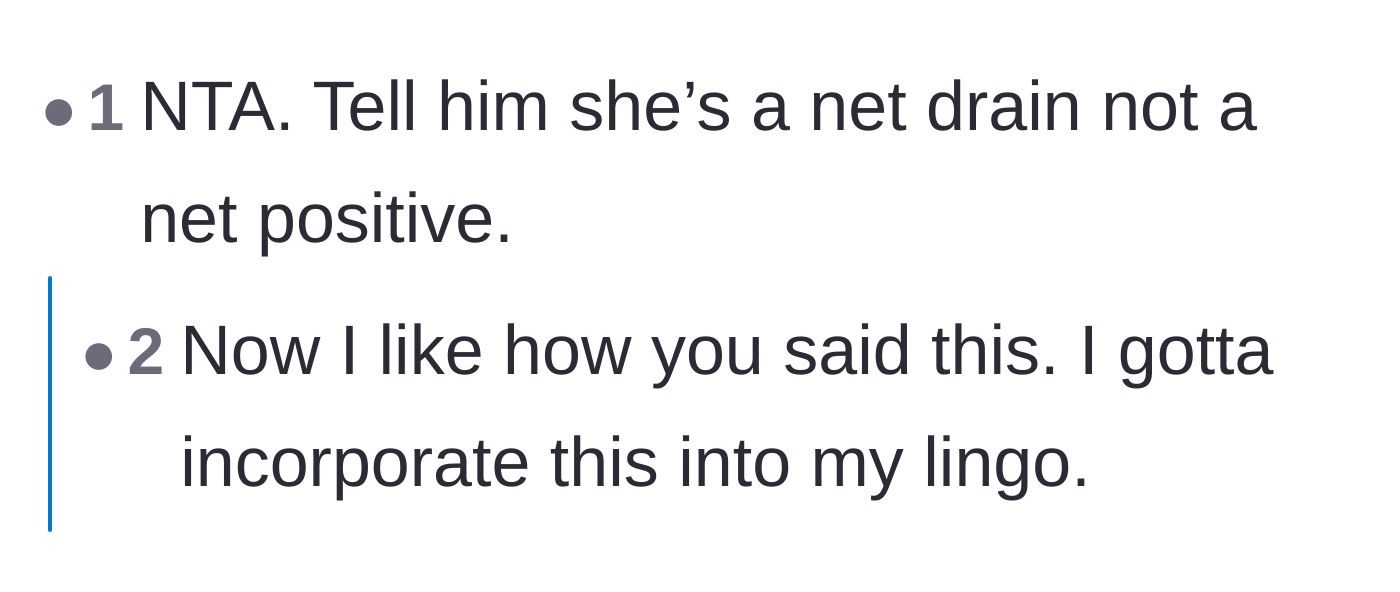 Comment thread 4 - A short comment suggesting the mother-in-law be logically described as a net drain instead of a net positive.