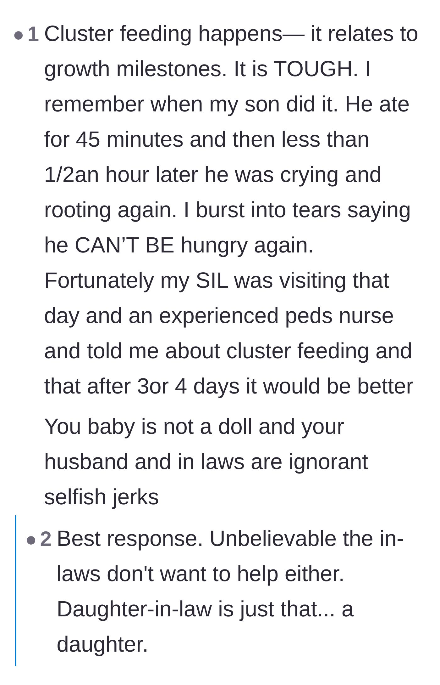 Comment thread 1 - A commenter explaining the reality of cluster feeding and calling the husband and in-laws selfish.
