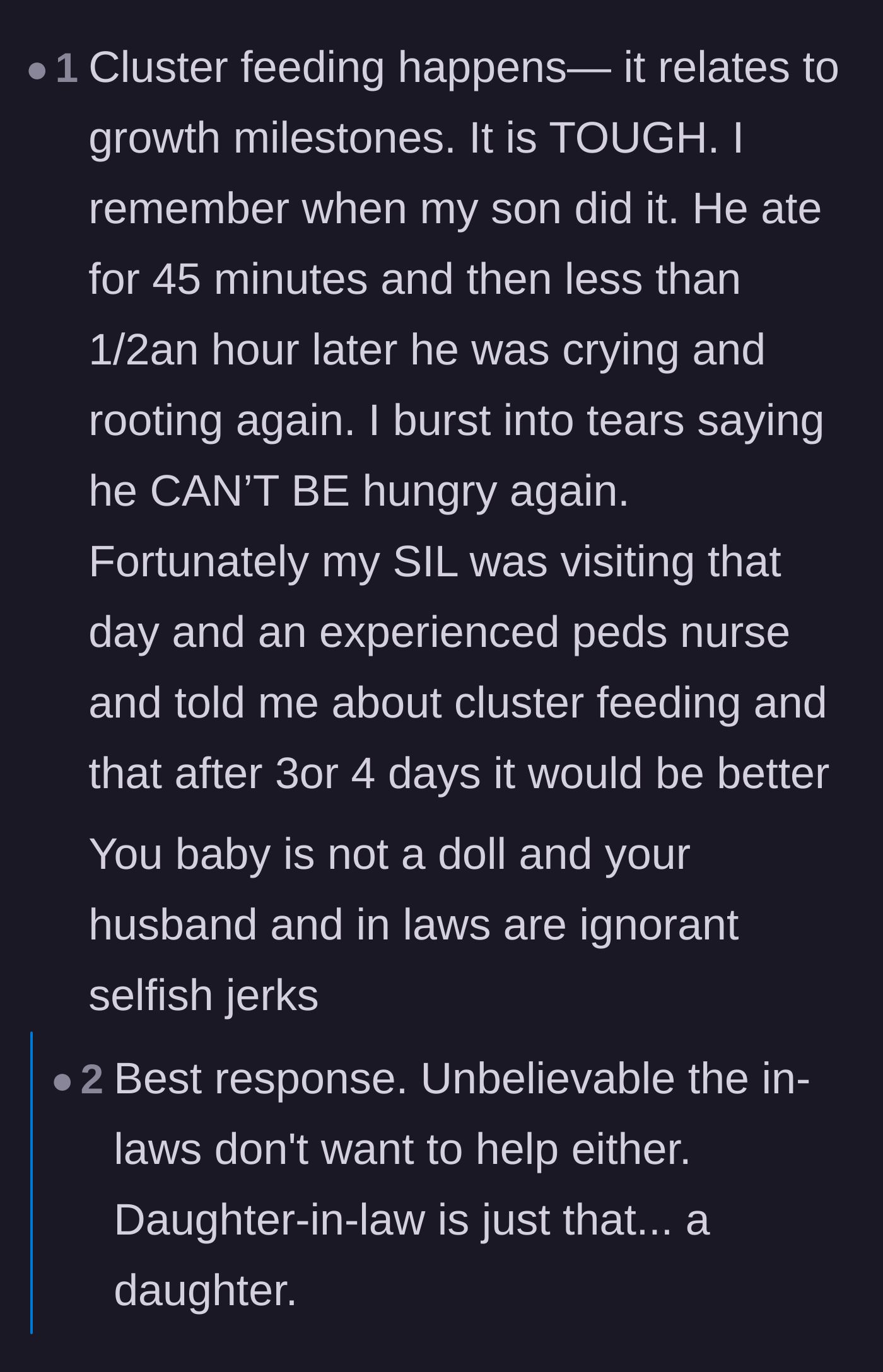 Comment thread 1 - A commenter explaining the reality of cluster feeding and calling the husband and in-laws selfish.