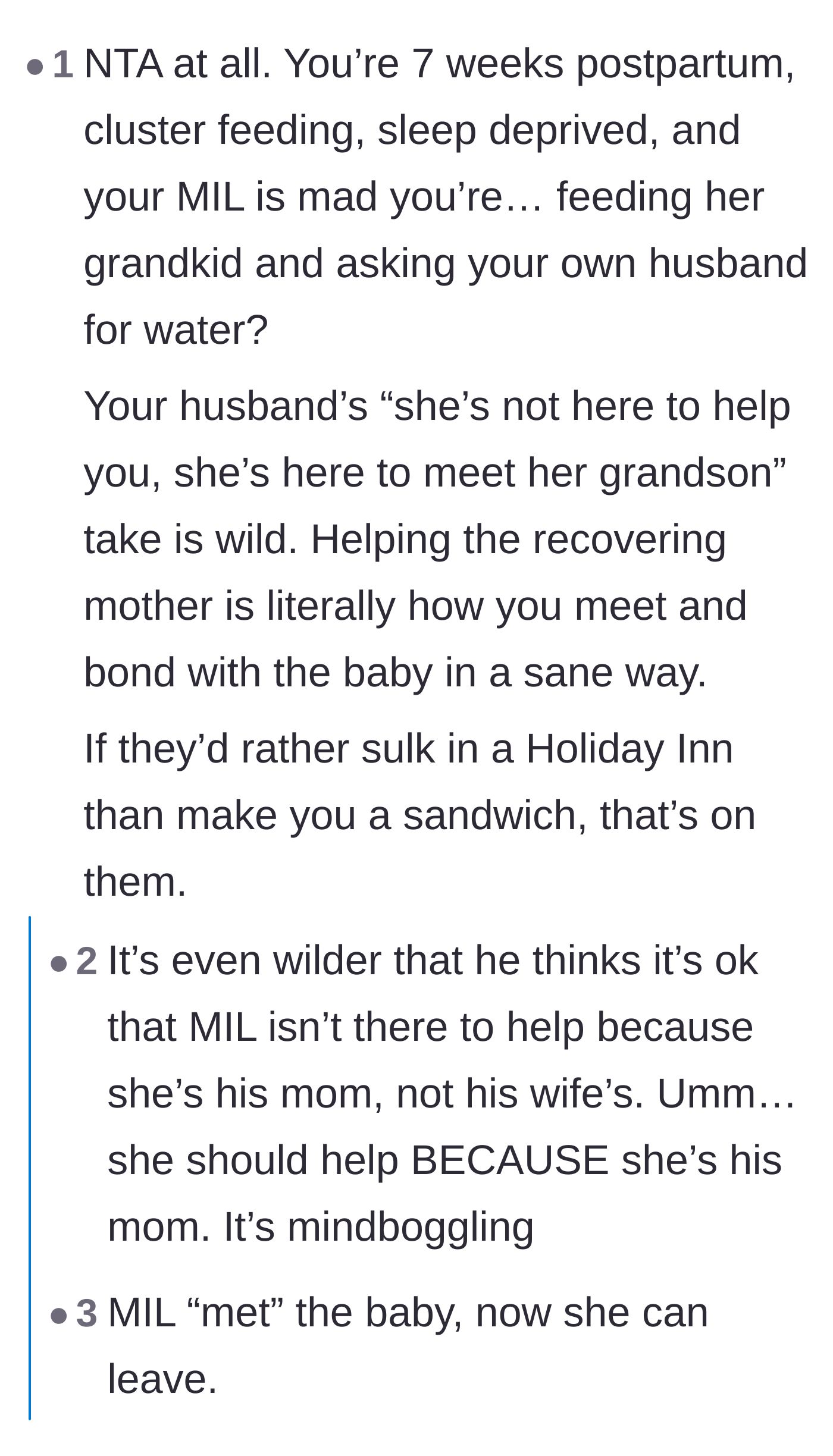 Comment thread 2 - A commenter calling out the husband's wild logic that his mother isn't there to help his wife.