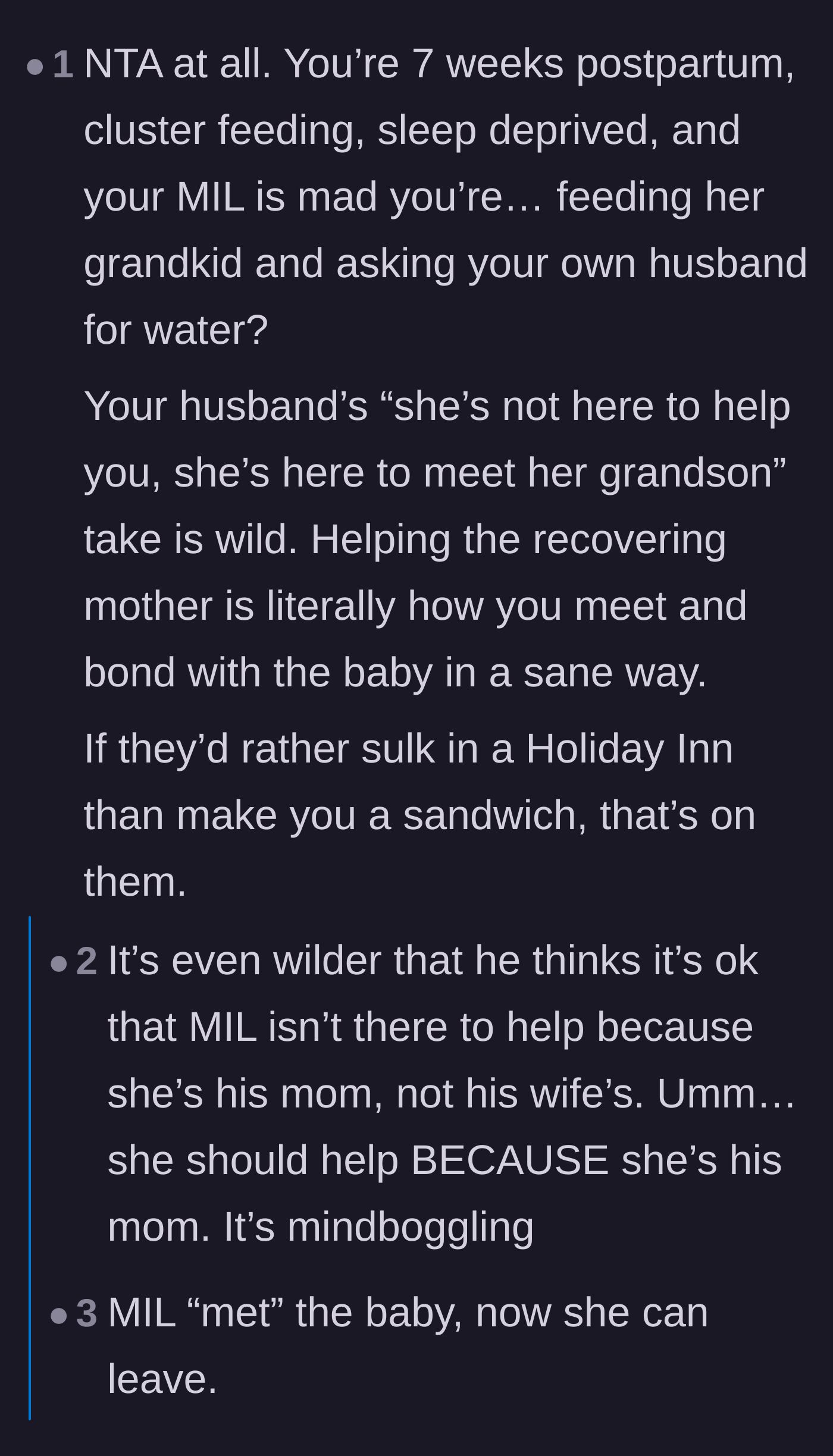 Comment thread 2 - A commenter calling out the husband's wild logic that his mother isn't there to help his wife.