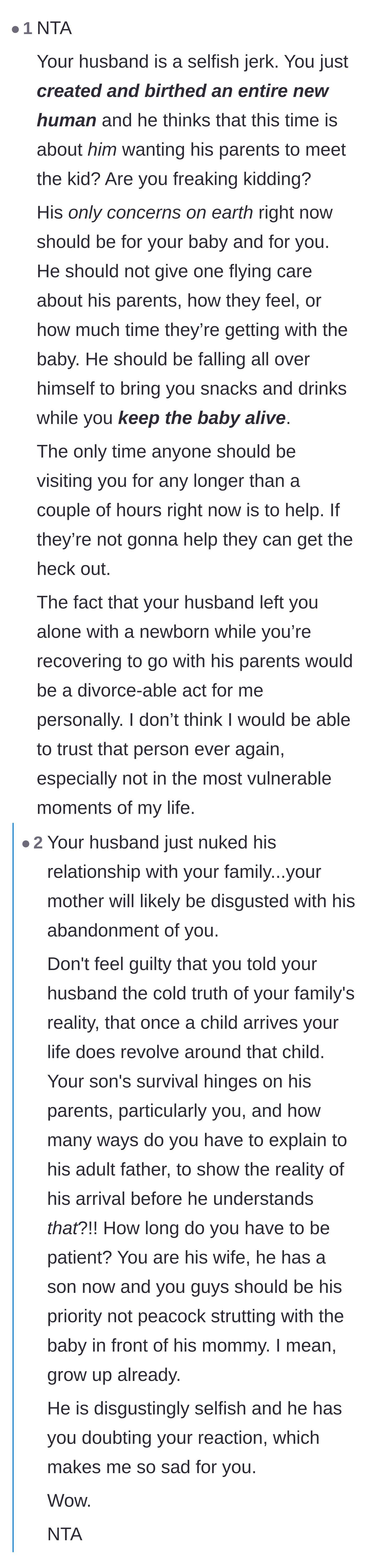 Comment thread 3 - A passionate response tearing into the husband's priorities and calling his behavior a divorce-able offense.