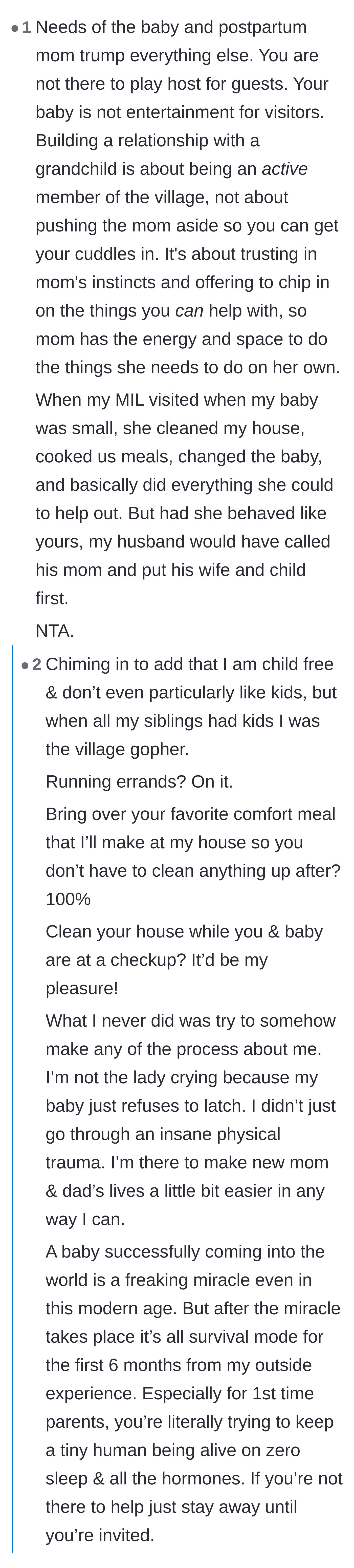 Comment thread 4 - A commenter contrasting the in-laws' behavior with what actual support looks like for a postpartum mother.