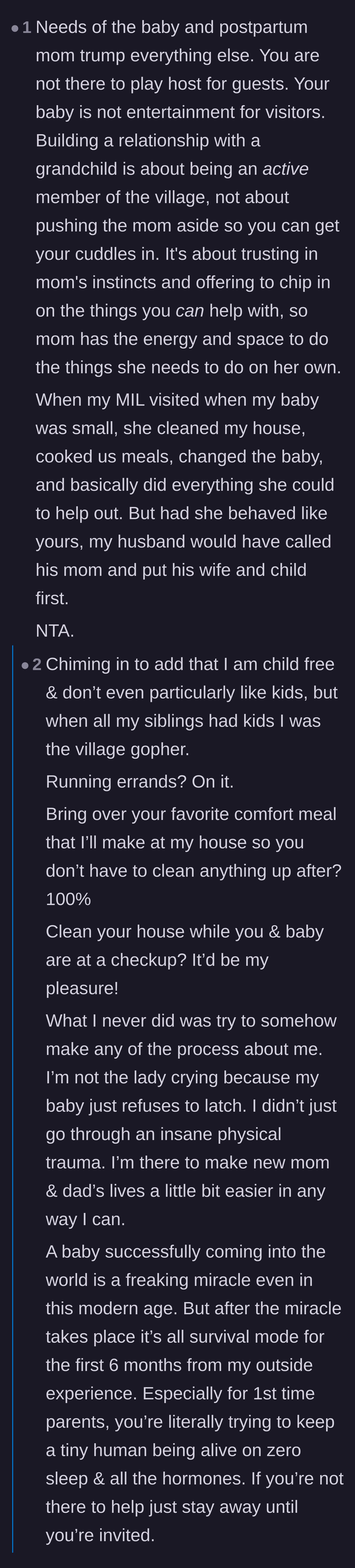 Comment thread 4 - A commenter contrasting the in-laws' behavior with what actual support looks like for a postpartum mother.
