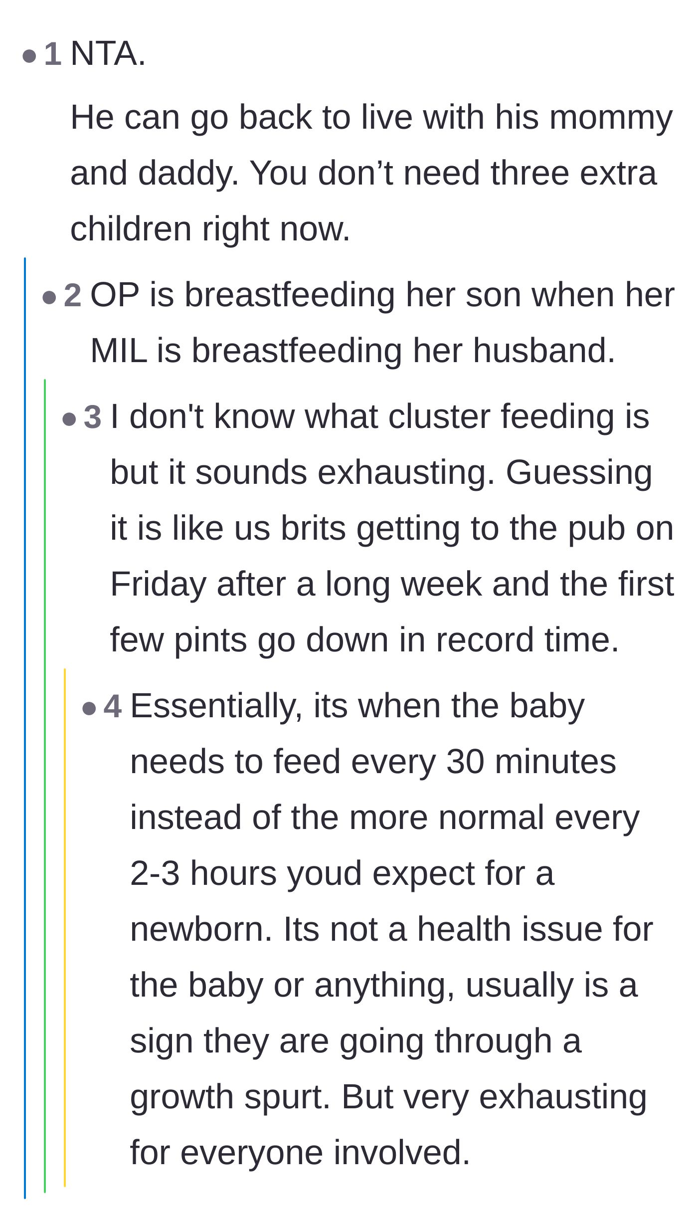 Comment thread 5 - A brief comment telling the husband to go live with his parents, alongside a darkly humorous metaphor about breastfeeding.