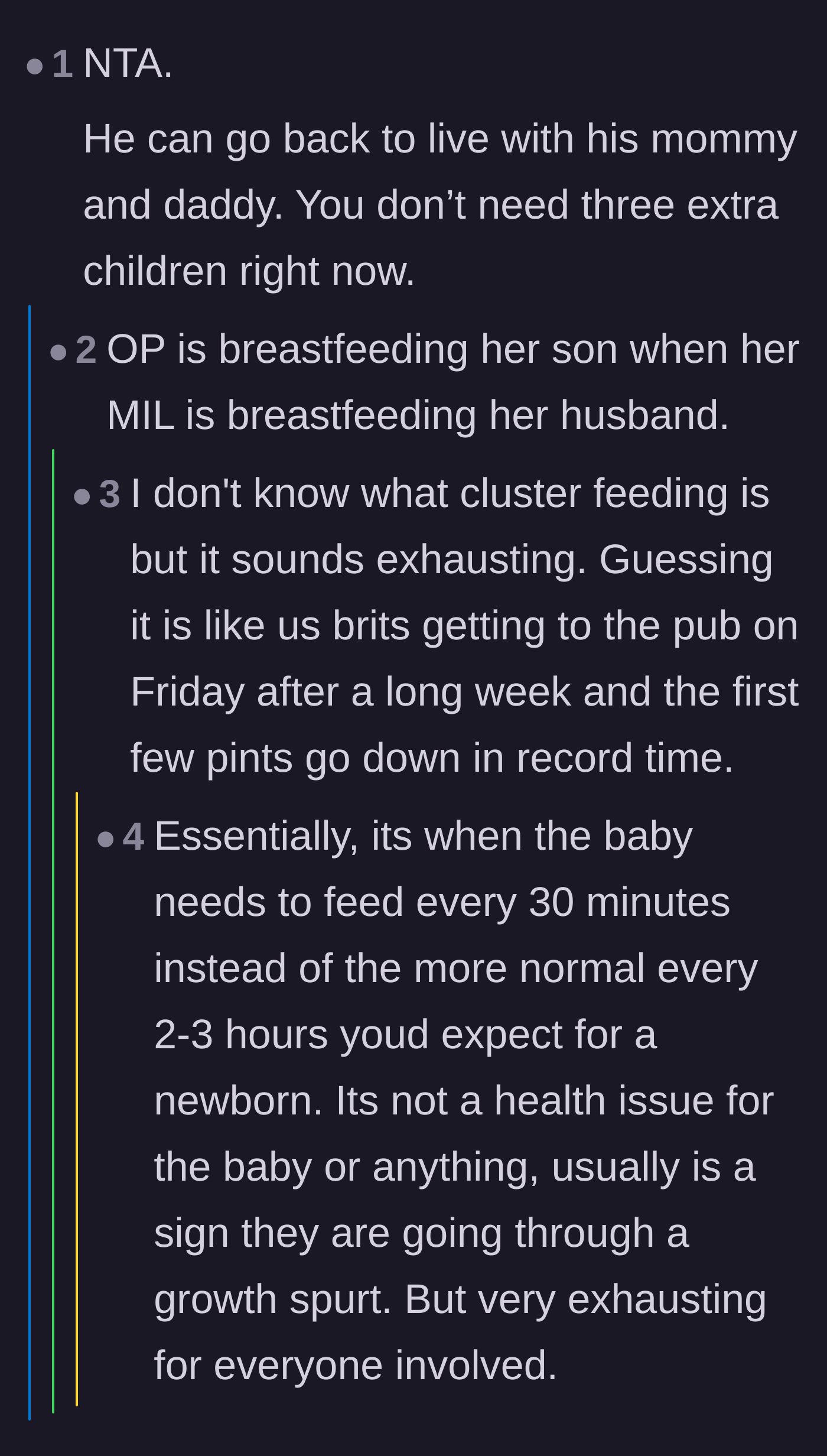 Comment thread 5 - A brief comment telling the husband to go live with his parents, alongside a darkly humorous metaphor about breastfeeding.