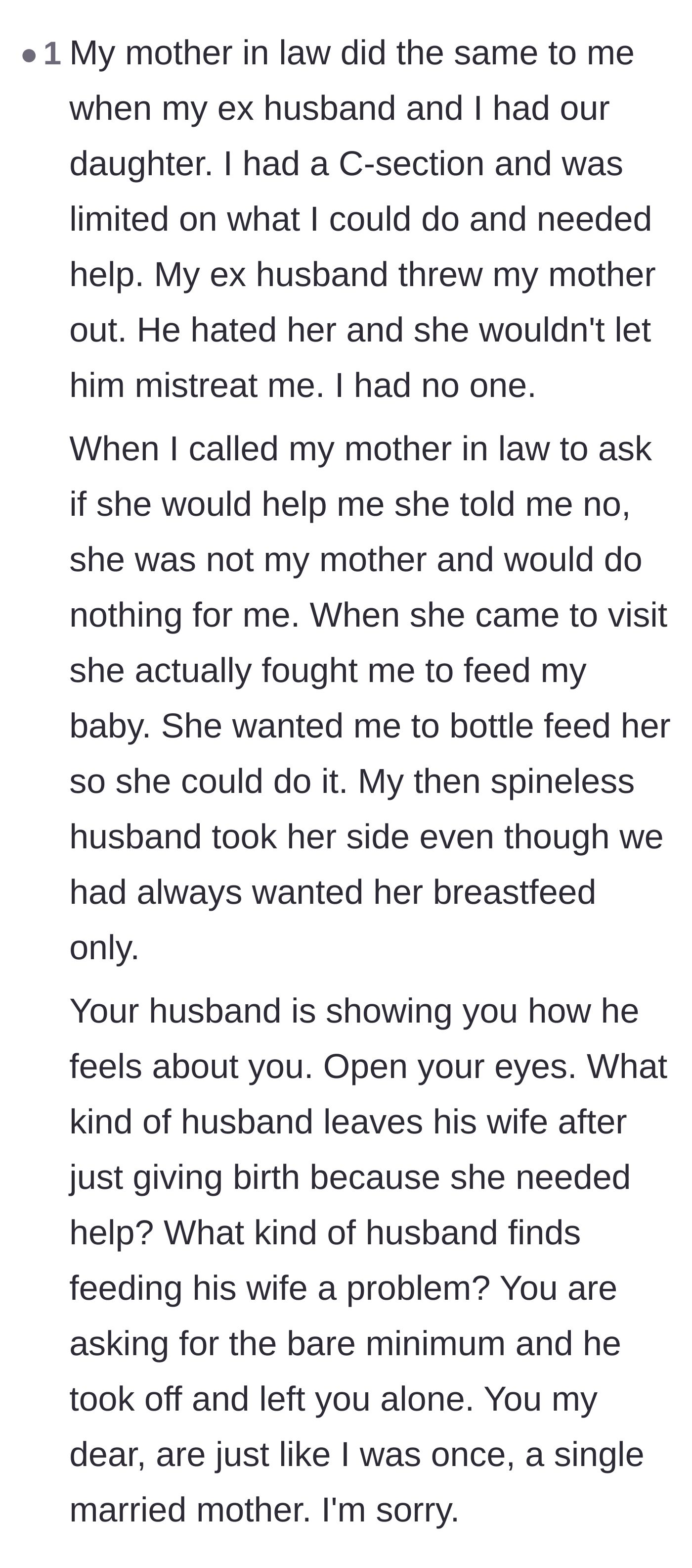 Comment thread 6 - A heartbreaking personal anecdote from a commenter whose own mother-in-law and ex-husband behaved similarly.