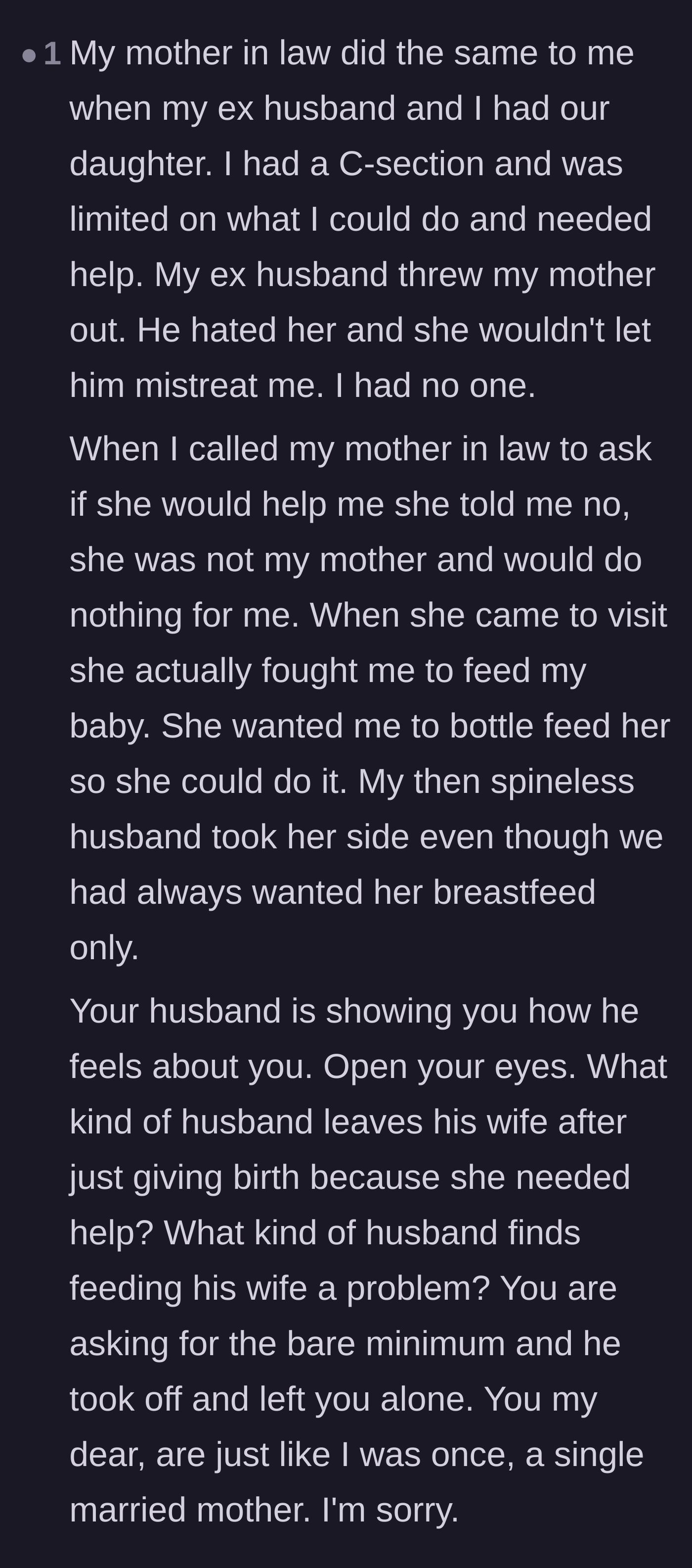 Comment thread 6 - A heartbreaking personal anecdote from a commenter whose own mother-in-law and ex-husband behaved similarly.
