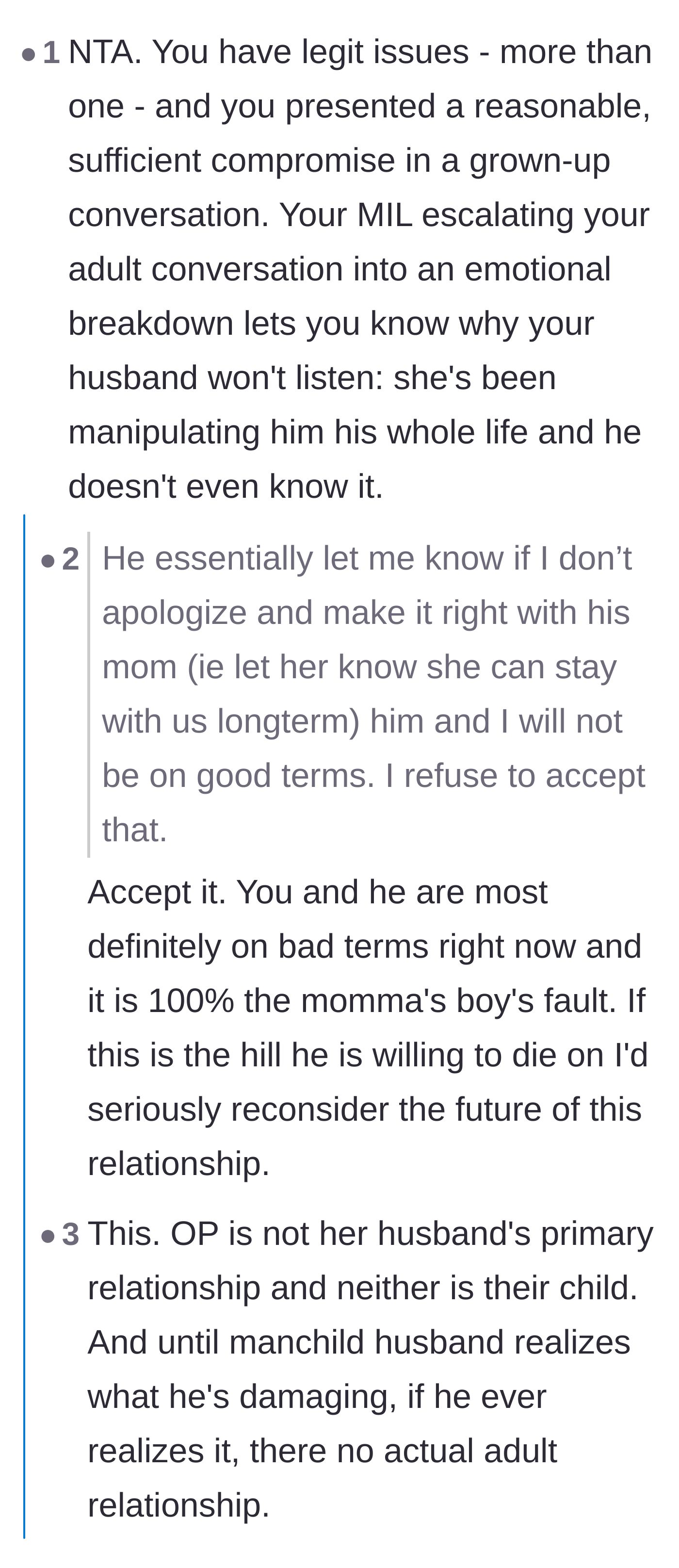 Comment thread 1 - Readers dissecting the husband's manipulative ultimatum and Mama's boy behavior.