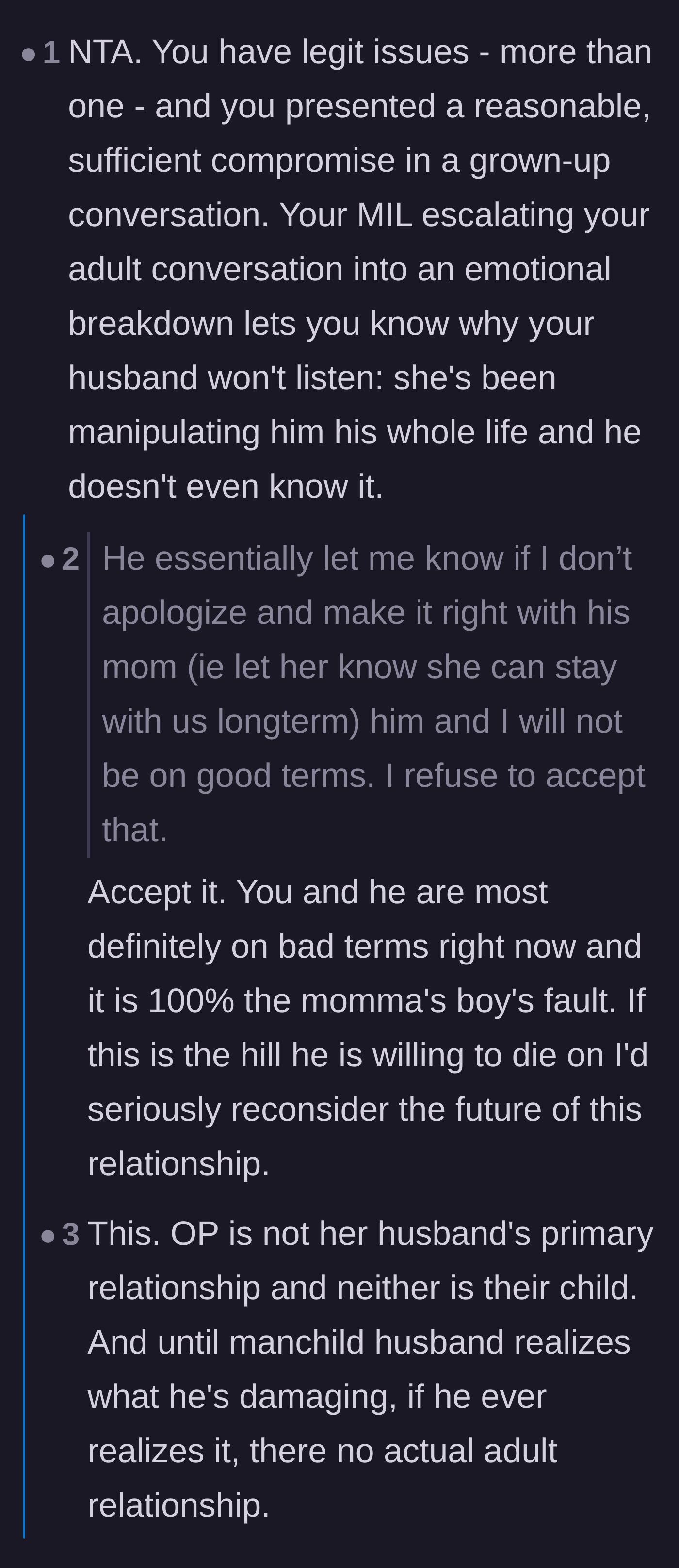 Comment thread 1 - Readers dissecting the husband's manipulative ultimatum and Mama's boy behavior.