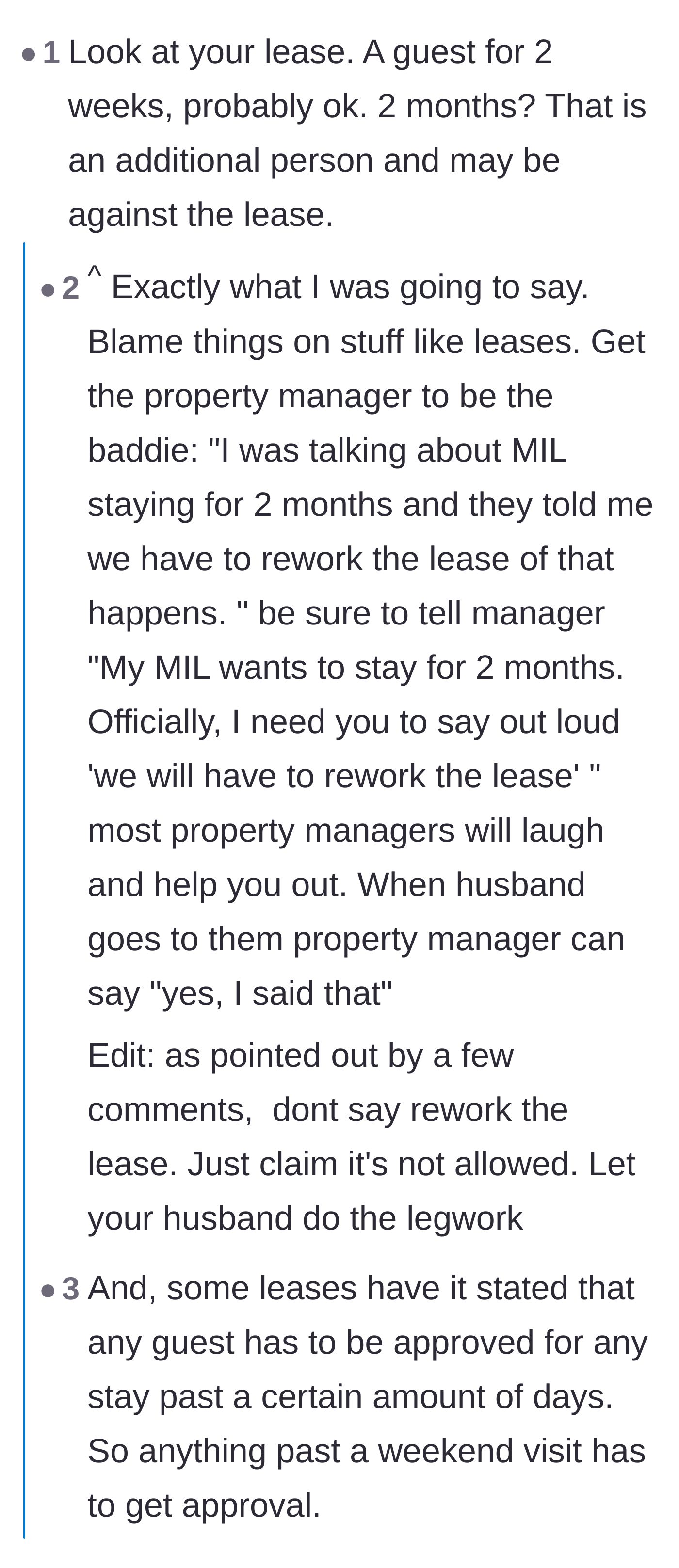 Comment thread 2 - Advice on using apartment lease rules to legally block the mother-in-law's extended stay.